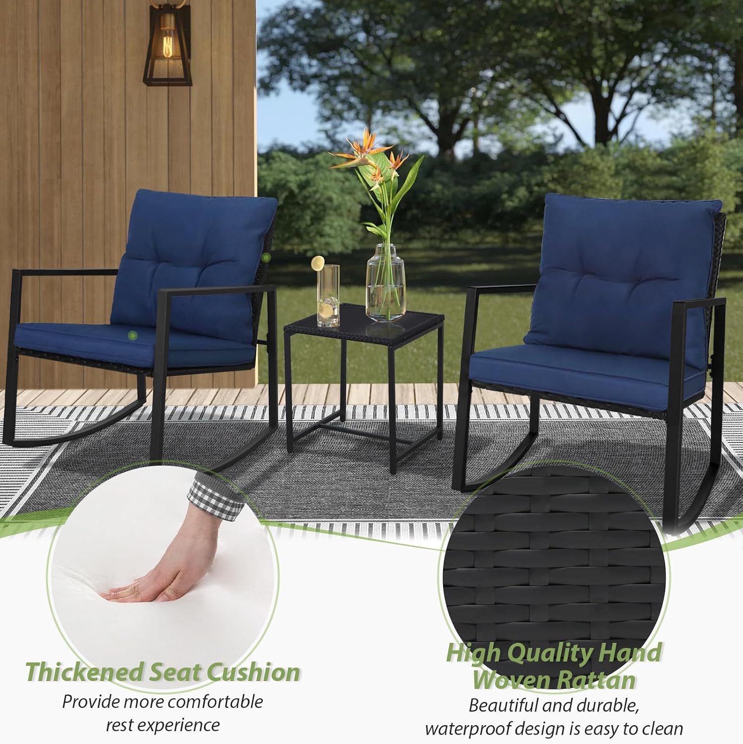 SUNCROWN 3 Piece Outdoor Rocking Bistro Set Black Wicker Furniture Porch Chairs Conversation Sets with Glass Coffee Table, Dark Blue