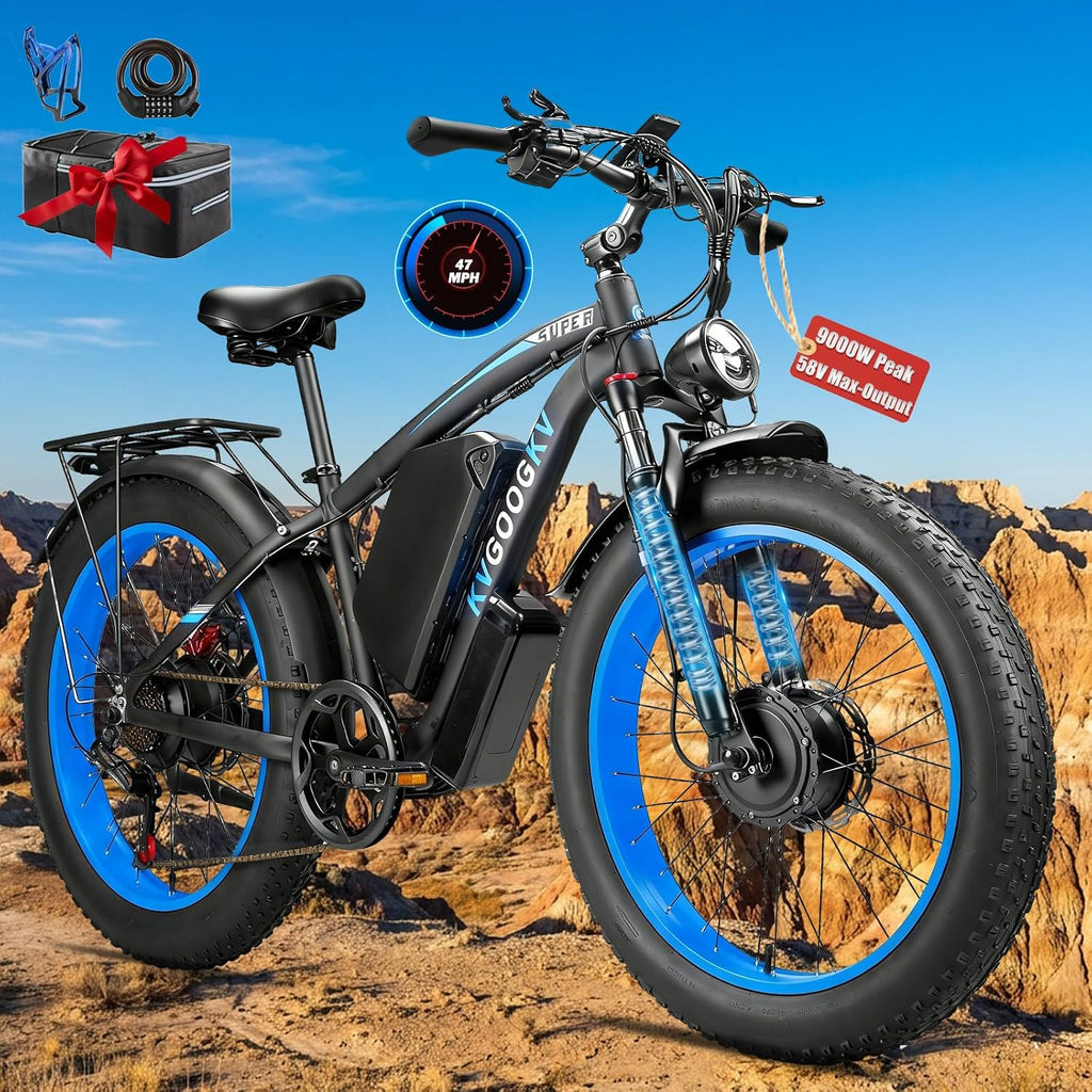 9000W Peak Dual Motor Ebike,58V Max-Output 1972Wh Electric Bike for Adults,44-47MPH Fast Ebike,Long Range Battery Up to 105 Miles,24'×4.0 Fat Tires Electric Mountain Bike for Snow Off-Road