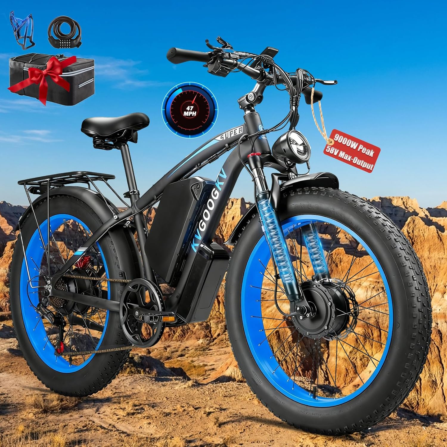 9000W Peak Dual Motor Ebike,58V Max-Output 1972Wh Electric Bike for Adults,44-47MPH Fast Ebike,Long Range Battery Up to 105 Miles,24'×4.0 Fat Tires Electric Mountain Bike for Snow Off-Road