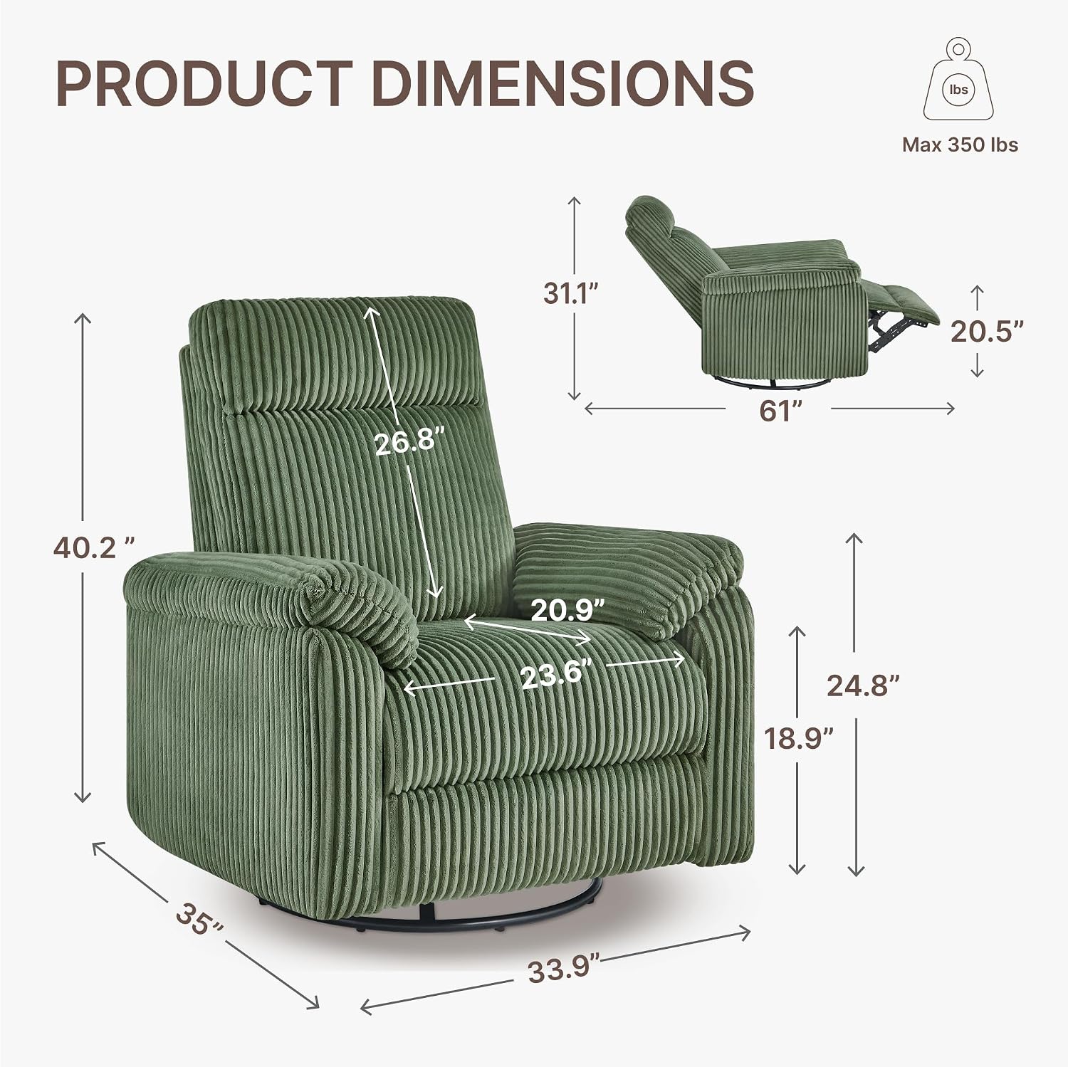 KISLOT Swivel Rocker Recliner for Adults, Corduroy 360 Degree Swivel Glider Recliner Manual 3-Position Adjustable Easy Assembly for Small Space Living Room Nursery Bedroom