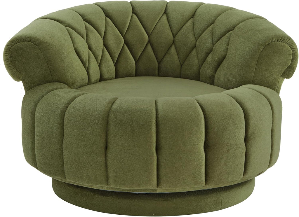 360° Swivel Accent Chair, Chenille Fabric Barrel Swivel Chair Round Club Chair with Curved Armrests & Thick Cushioning, Stylish Channel-Tufted & Diamond-Quilted Backrest for Living Room (Green,02)
