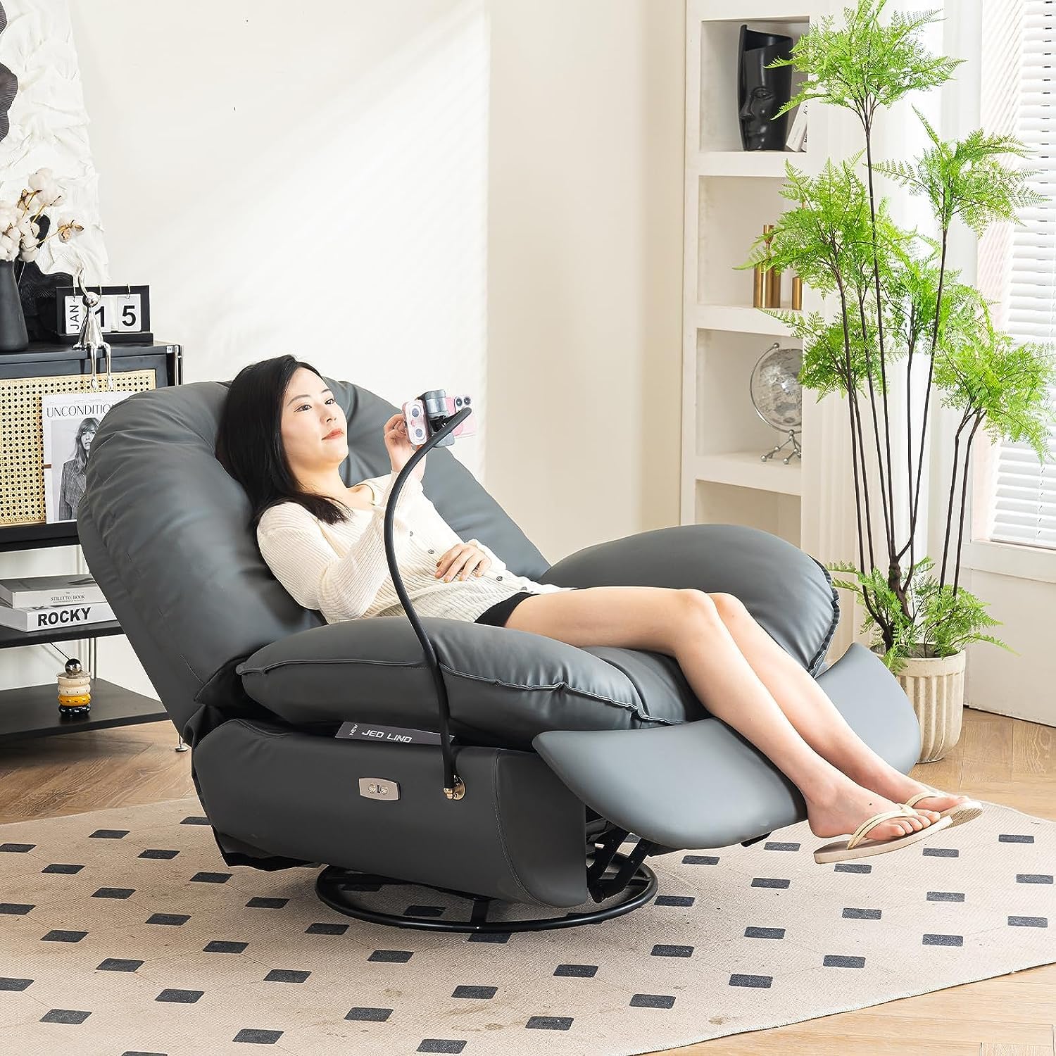 Oversized Electric Recliner Chair, 270 Swivel Rocking Glider Rocker for Adults Modern Ergonomic Lounge Chair Living Room with Phone Stand & Smart Voice Control Theater Seating, Grey Fuax Leather