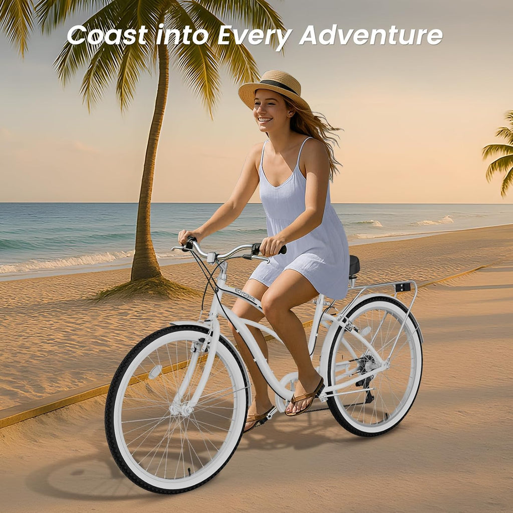Cruiser Bike for Adults, 7-Speed Beach Cruiser Bicycle, 24/26 Inch Step-Through or High-Bar Frame, Comfort City Commuter Bike with Rear Rack, Fenders, Wide Saddle for Women & Men