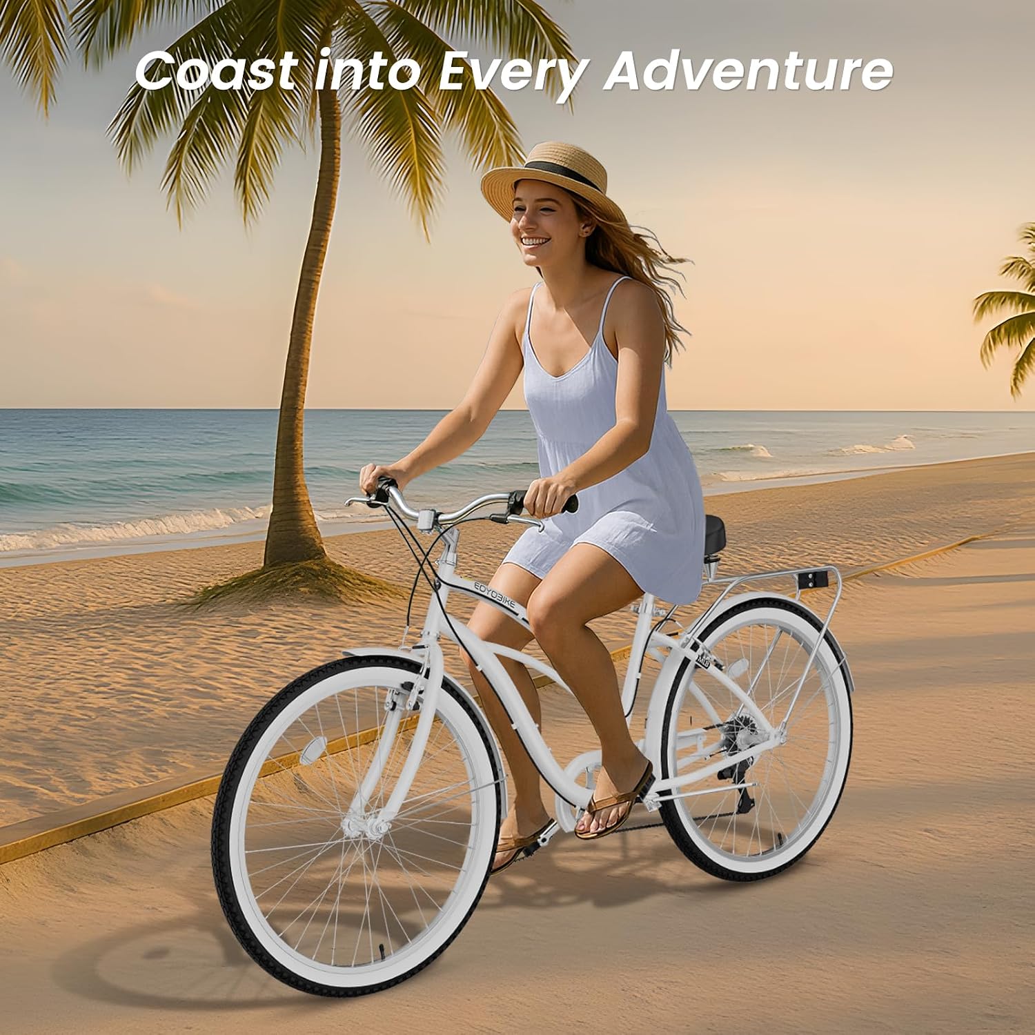 Cruiser Bike for Adults, 7-Speed Beach Cruiser Bicycle, 24/26 Inch Step-Through or High-Bar Frame, Comfort City Commuter Bike with Rear Rack, Fenders, Wide Saddle for Women & Men