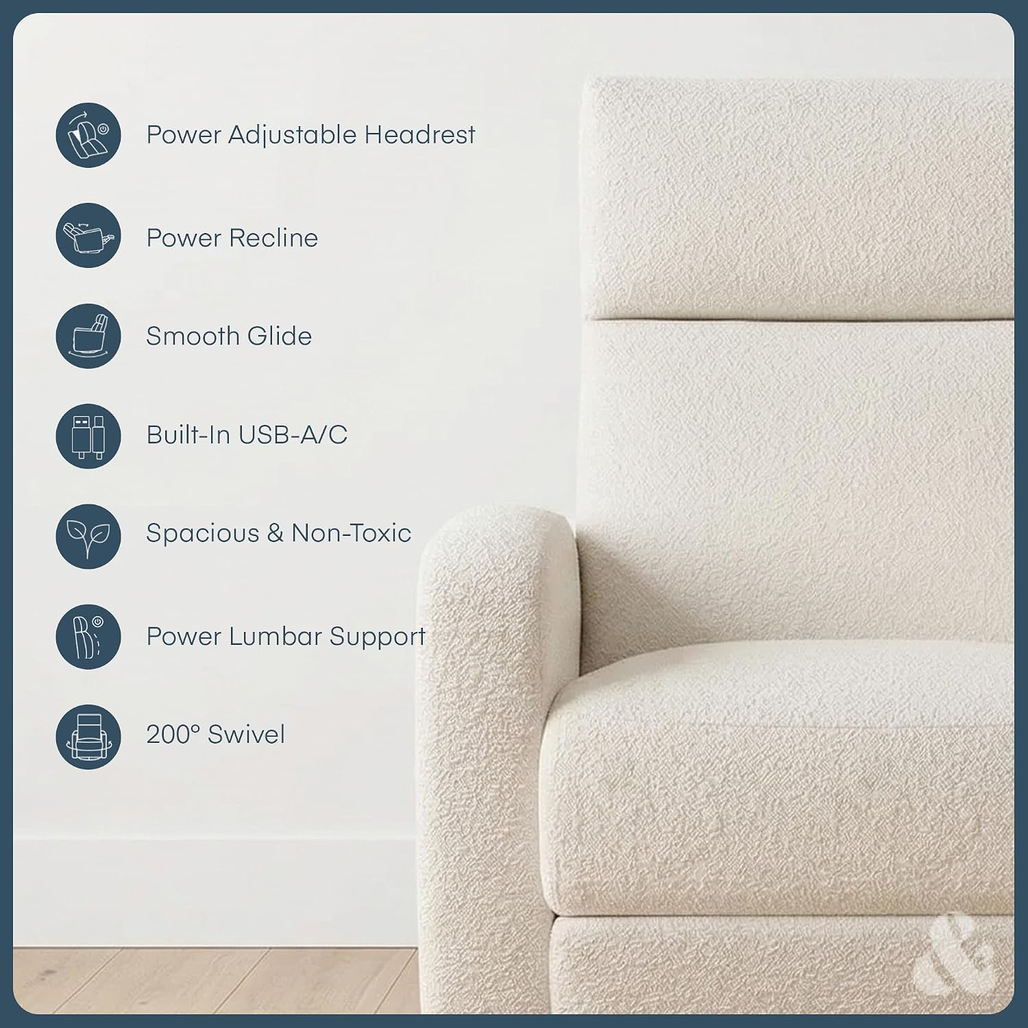 Nurture& The Glider Plus - Premium Nursery Power Recliner | Swivel Chair with Adjustable Head Support | Adjustable Lumbar Support Built in USB The Ultimate Comfort for Nursing, Relaxing (Boucle Creme)