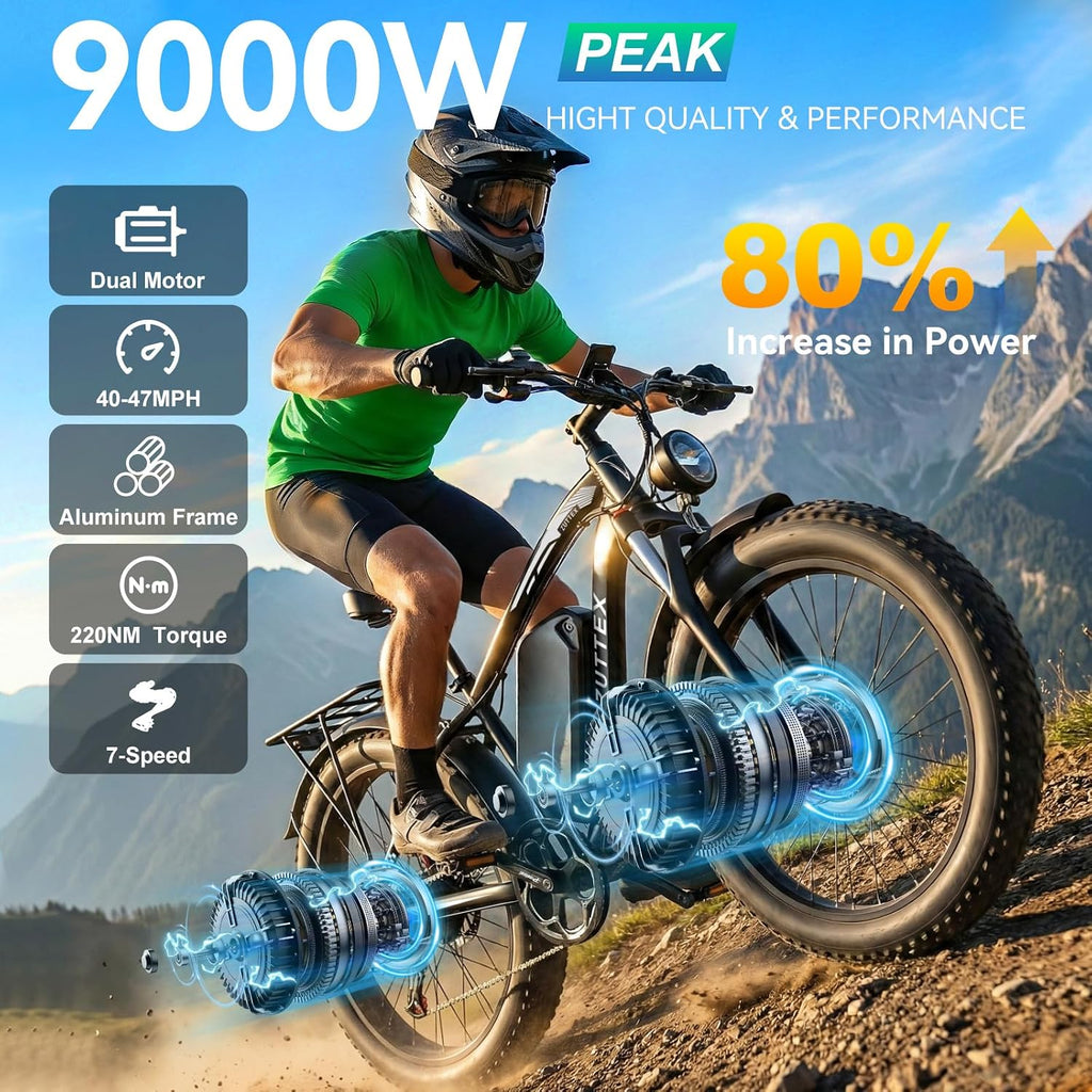 Dual Motor Ebike 9000W Peak with 58V Max-Output 36AH Battery for Adults 24' Fat Tire Smart Display 47MPH 35-105Miles Electric Bike with Frame Bag for Travel