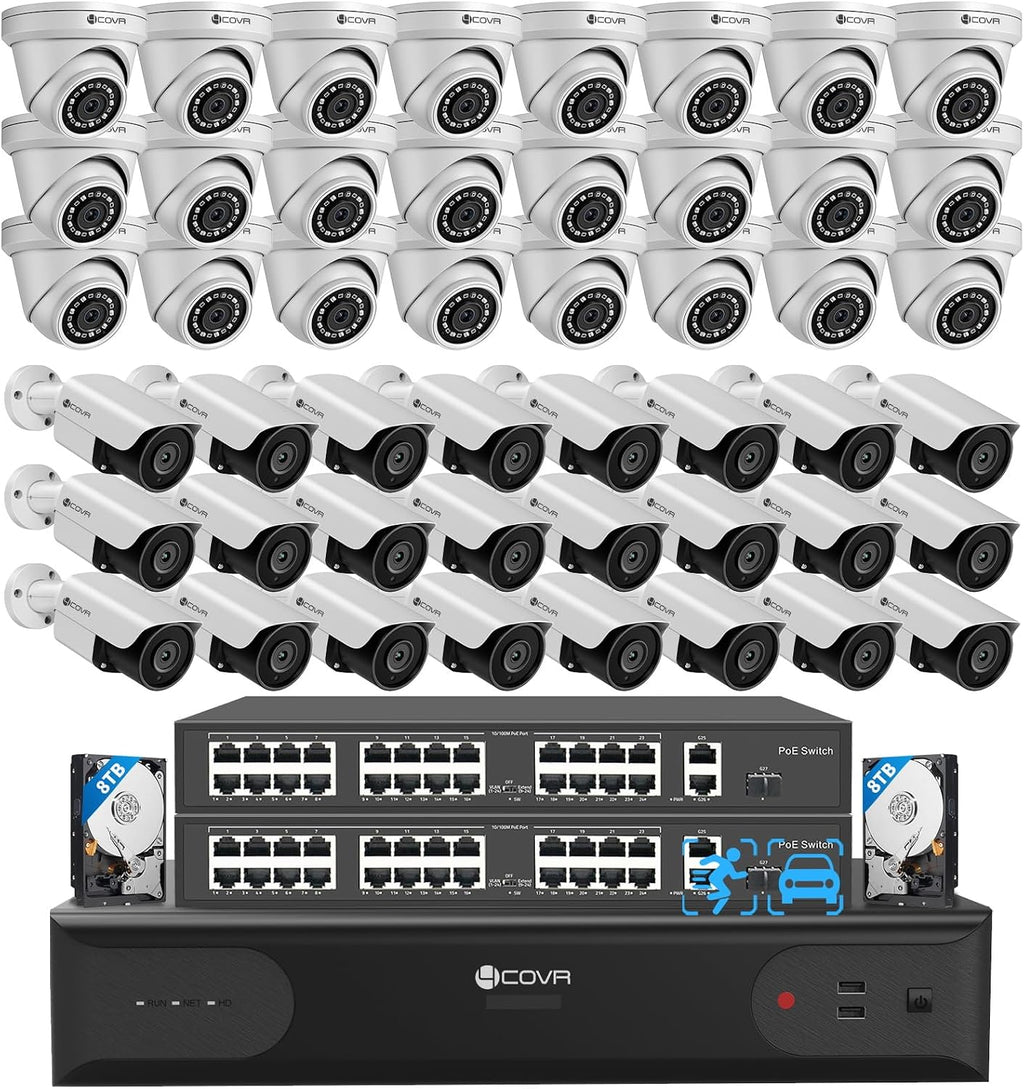 4COVR 64 Channel Security Camera System, Human/Vehicle Detection, UtraHD 8MP NVR 16TB HDD, 24 Dome 24 Bullet 5MP Commercial PoE IP Camera IP67 Night Vision, 24/7 Business Surveillance, LYH37E5M6448