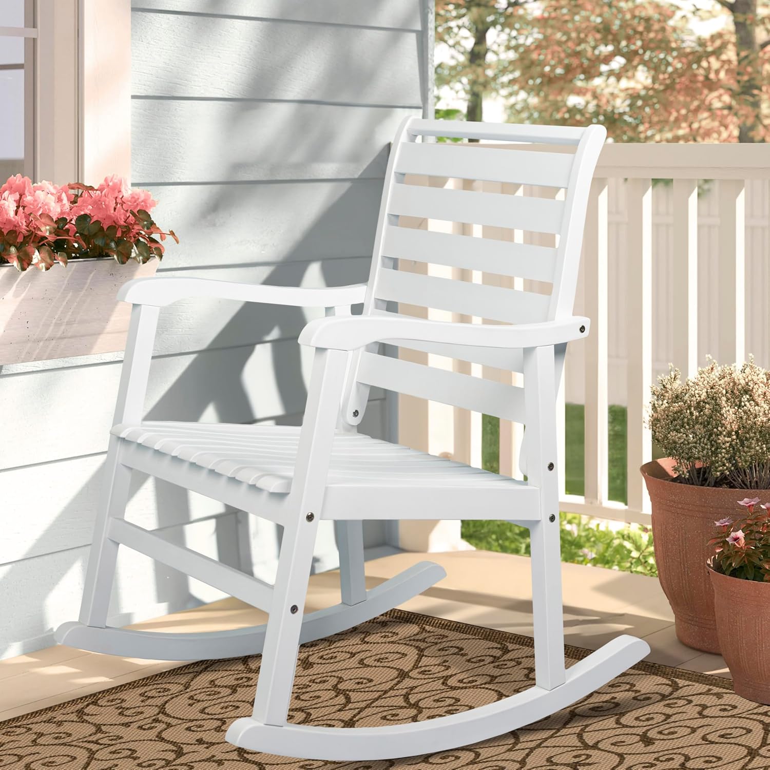 JONATHAN Y RCK101C Carey Modern Slat-Back 300-Lbs Support Acacia Wood Patio Outdoor Rocking Chair for Garden, Lawn, Backyard, Pool, Deck, Beach, Firepit, White