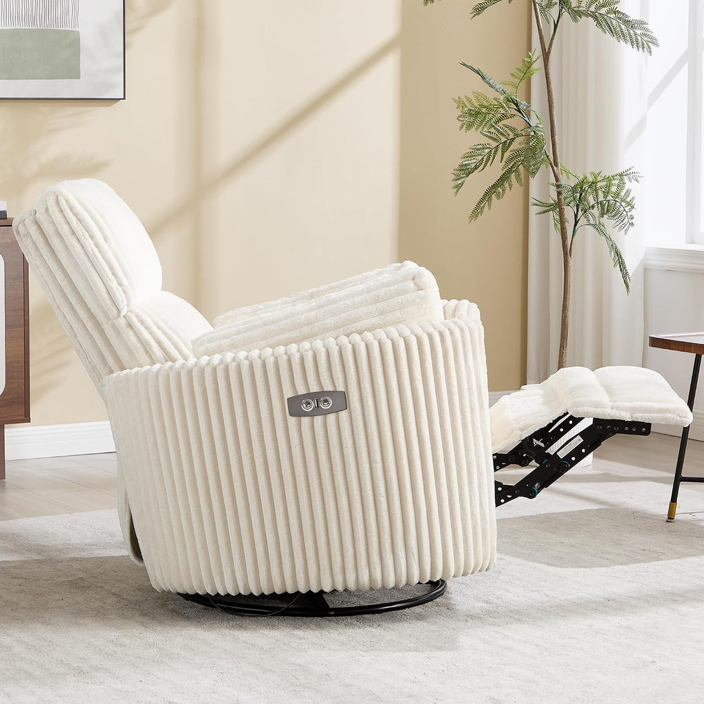 Power Recliner,Nursery Swivel Glider Rocking Chair with USB Port,Upholstered Adult Electric Recliner Rocking Chair with 2 Pillows for Living Room Bedroom (Beige Corduroy, Power-Driven)
