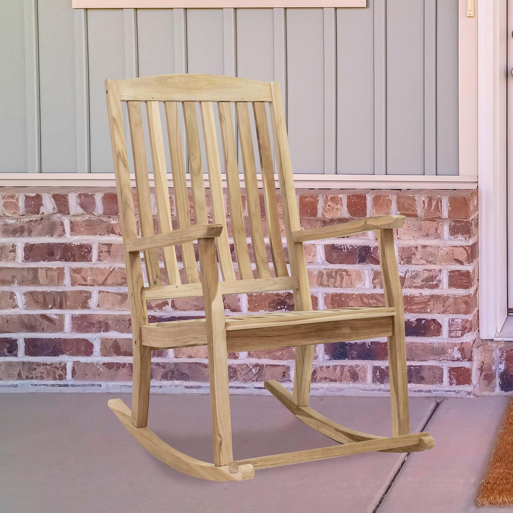 Sunnydaze Teak Outdoor Rocking Chair with Slatted Back - Wooden Front Porch Chair for Patio - Outside Porch Rocker - 325 lb Support