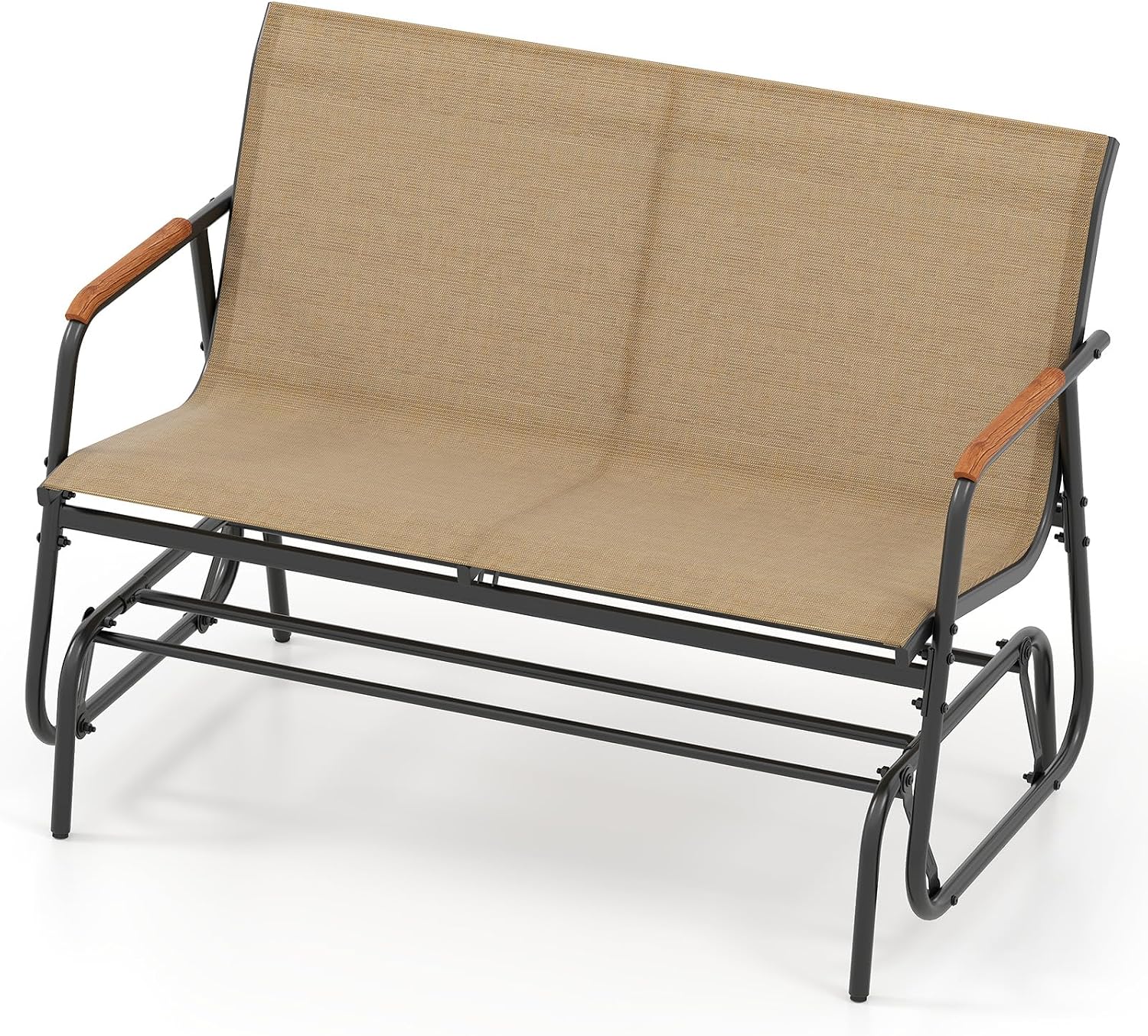 Tangkula 2-Person Outdoor Glider Bench, Patio Gliding Loveseat with Breathable Fabric Seat, Curved Teak Wood Armrests and Metal Frame, Swing Rocking Chair for Backyard, Garden, Porch, Balcony (2 Seat)