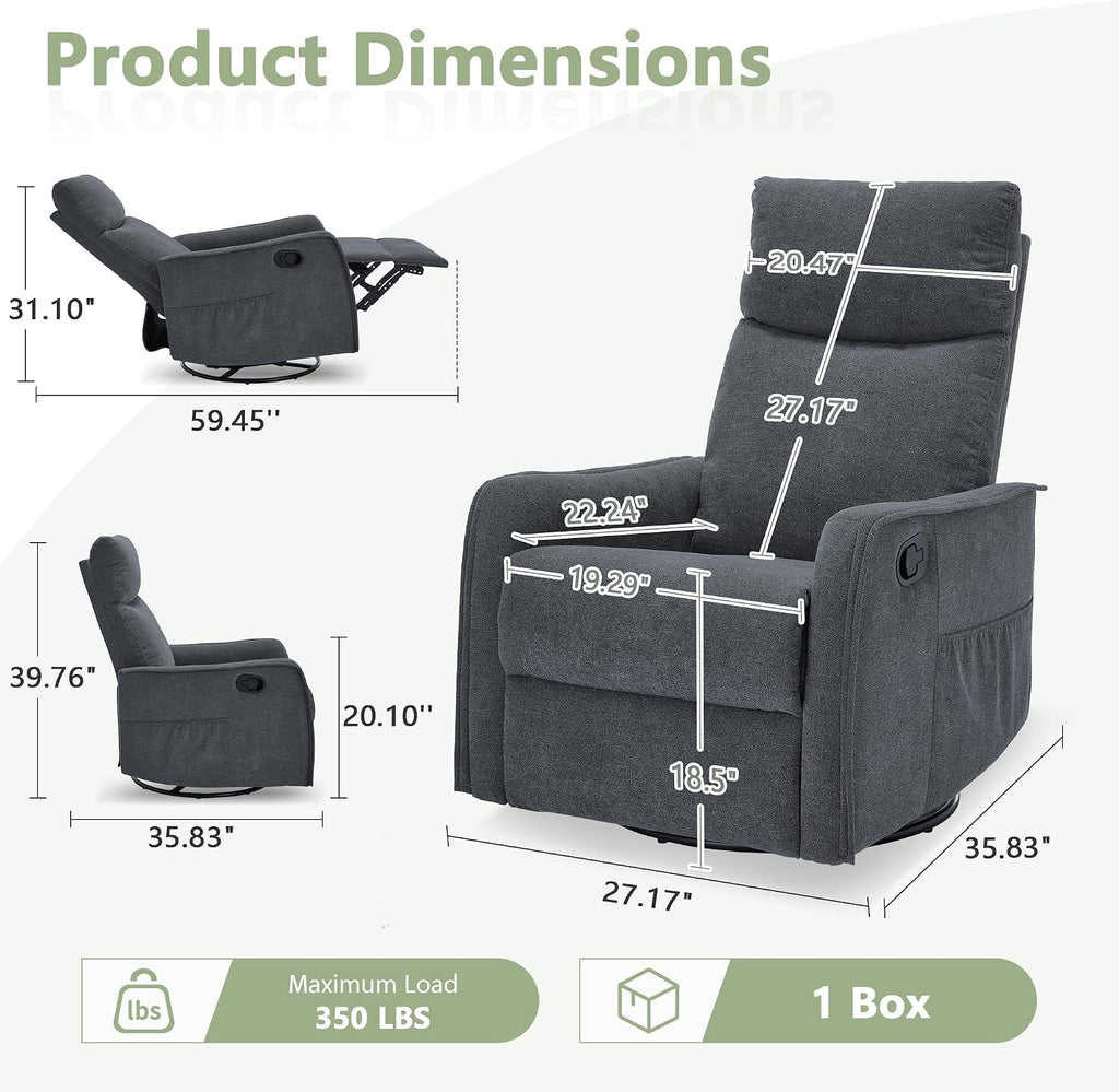 cinkehome Swivel Rocker Recliner, Glider Rocker Recliner Chair for Nursery, Manual Reclining Chair with Heated Massage, Small Spaces, Living Room, Linen Dark Grey