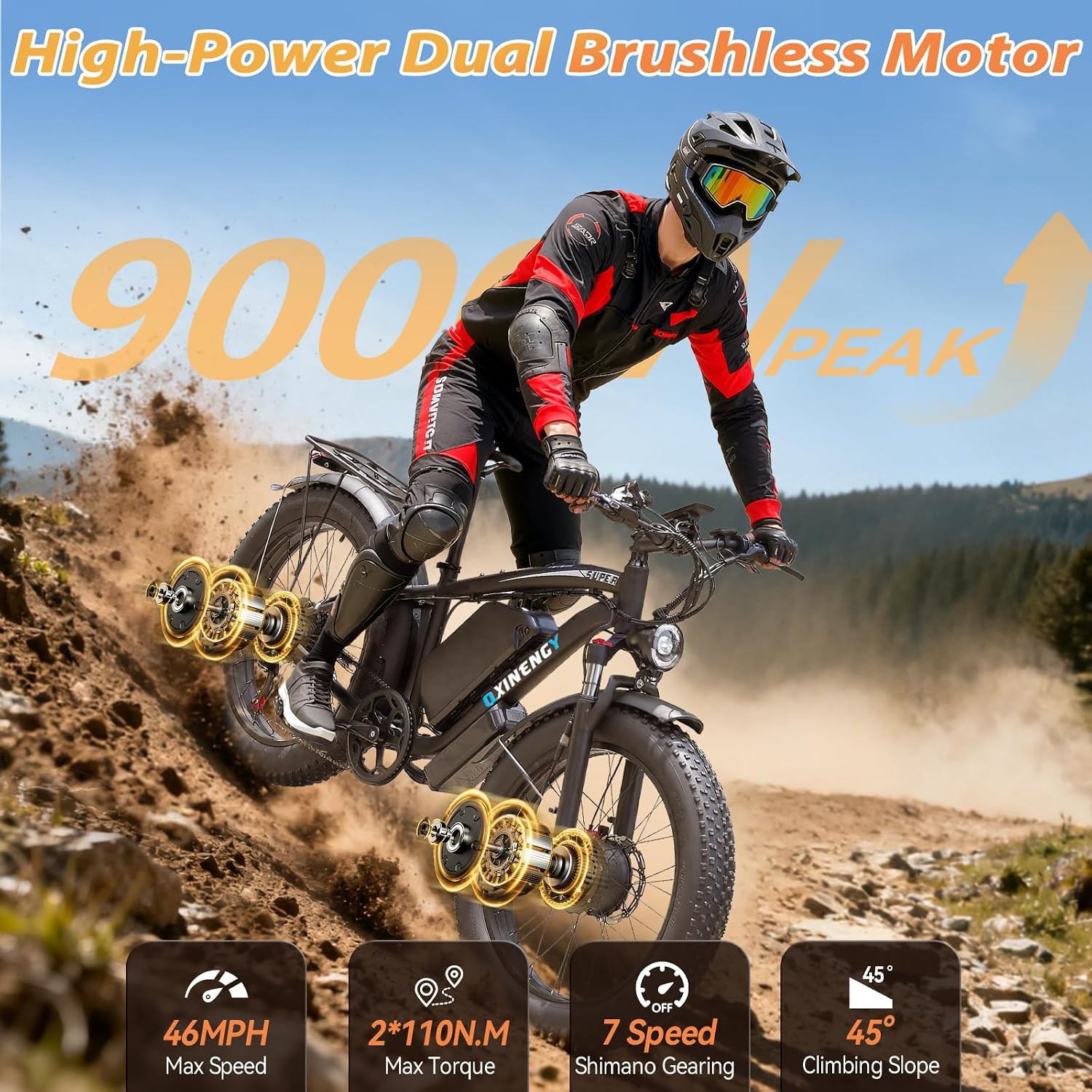 9000W Dual Motor Ebike for Adults, 46MPH Fast Electric Bike for Men Women, 60V 1560Wh Battery Up to 105Miles, 24' Fat Tire E-Bike, Lockable Suspension Electric Bicycle for Off-Road Snow All Terrain