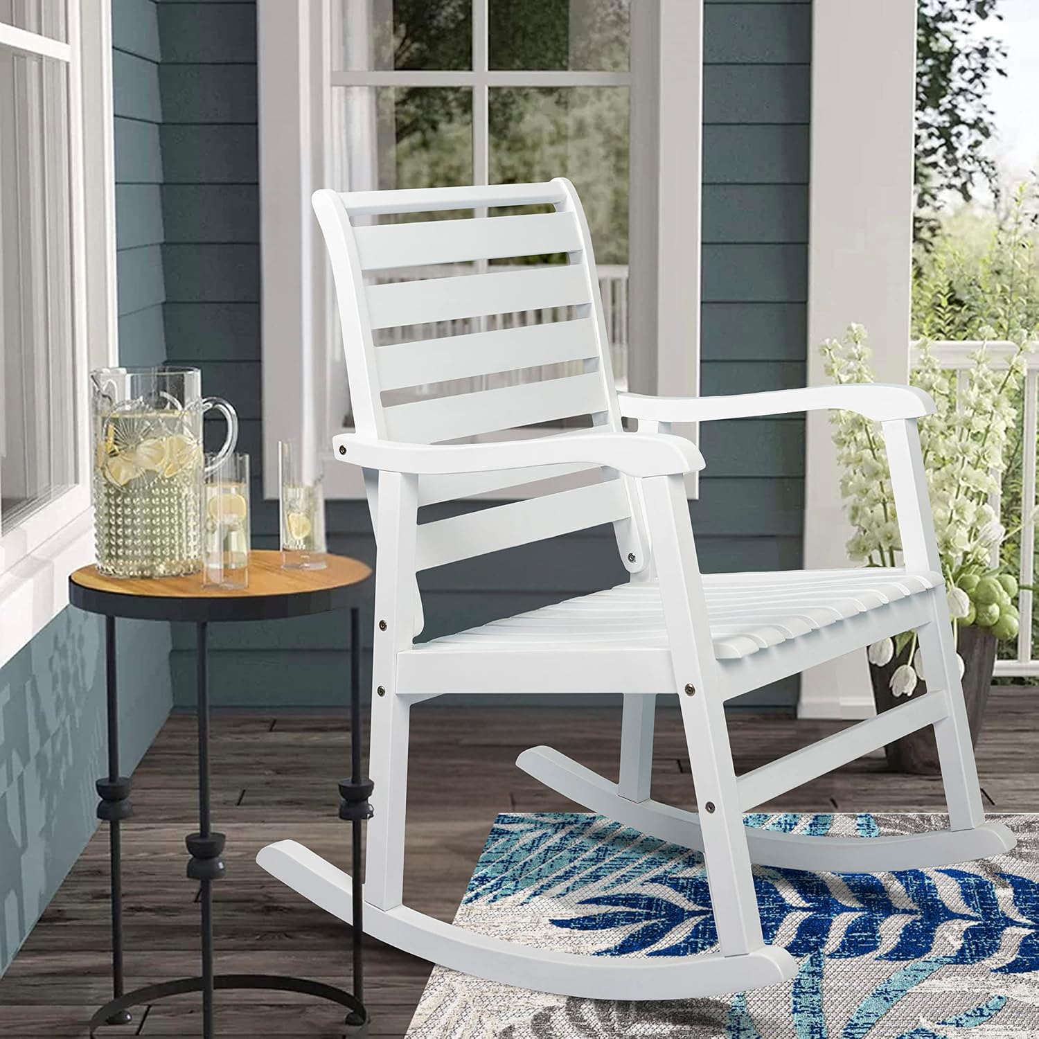 JONATHAN Y RCK101C Carey Modern Slat-Back 300-Lbs Support Acacia Wood Patio Outdoor Rocking Chair for Garden, Lawn, Backyard, Pool, Deck, Beach, Firepit, White