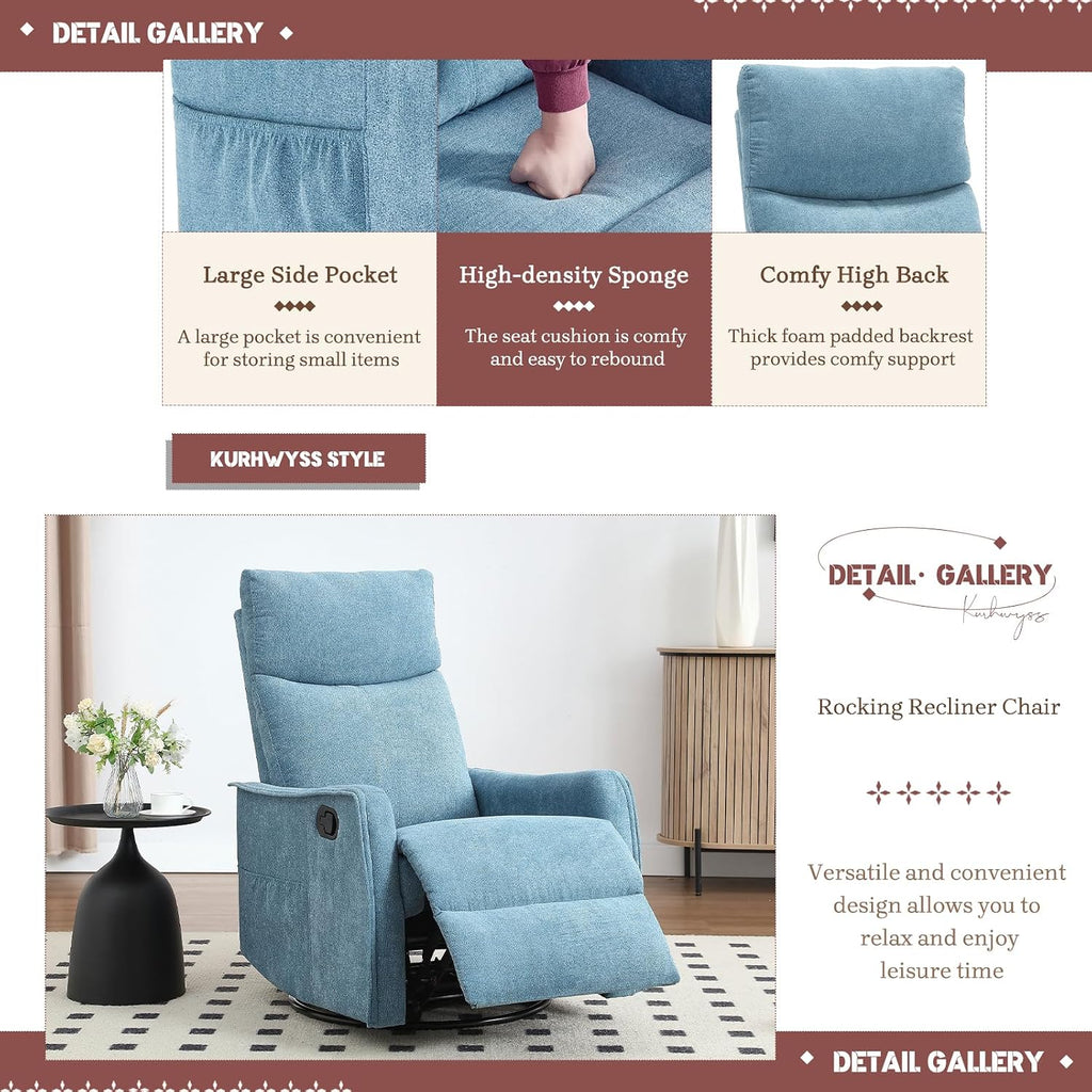 Rocking Recliner Chair with Heat and Massage, 360° Swivel Glider Rocker with Reclining Backrest and Footrest, Modern Nursery Rocking Chairs for Adults for Bedroom, Living Room, Office (Blue)