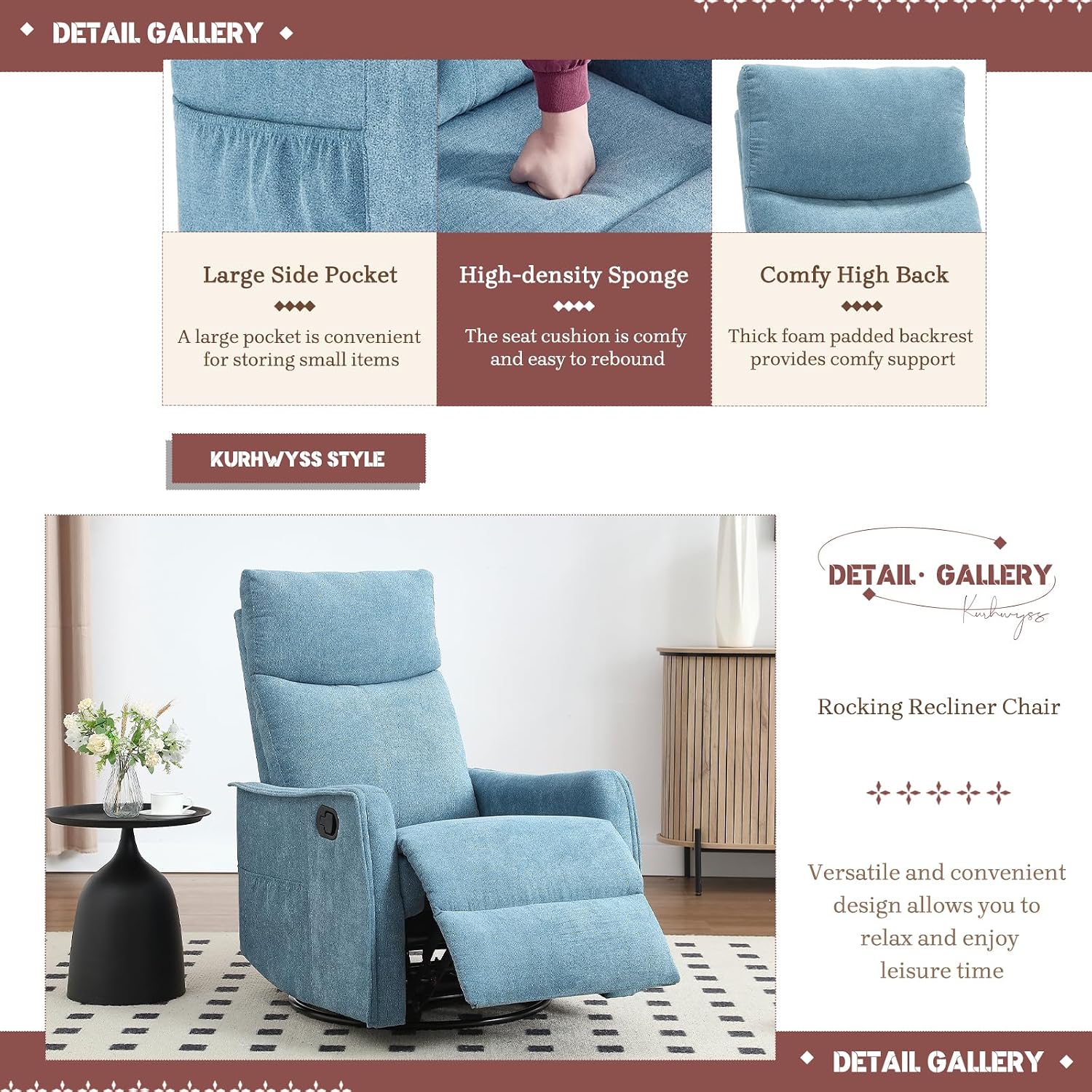 Rocking Recliner Chair with Heat and Massage, 360° Swivel Glider Rocker with Reclining Backrest and Footrest, Modern Nursery Rocking Chairs for Adults for Bedroom, Living Room, Office (Blue)