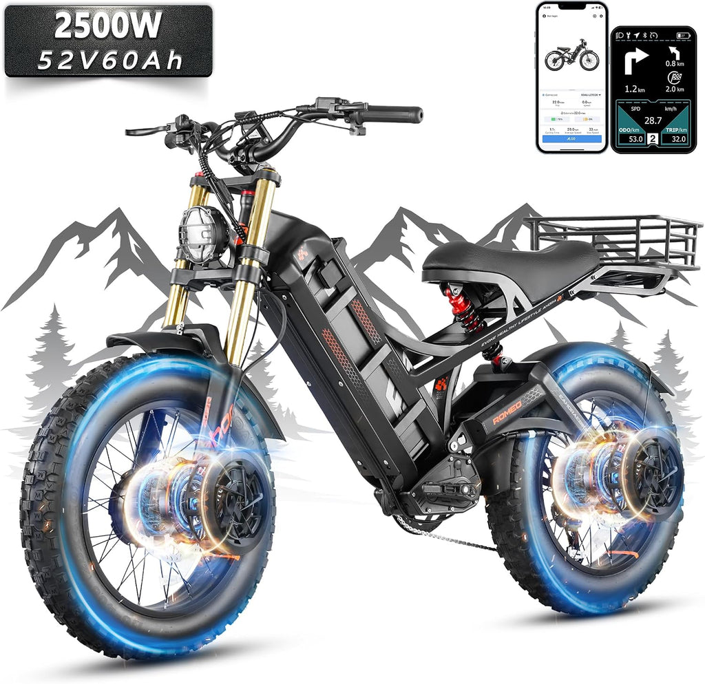 2026 eAhora Romeo Pro 3/2 50-46 Mph Electric Bike for Adults, 5600W/4000W/2500W Dual Motor Ebike 60V 80Ah/52V 70Ah Battery 200 Miles Long Range, 26*4.0'/20*4.5' Fat Tire, Full Suspension, All Terrain