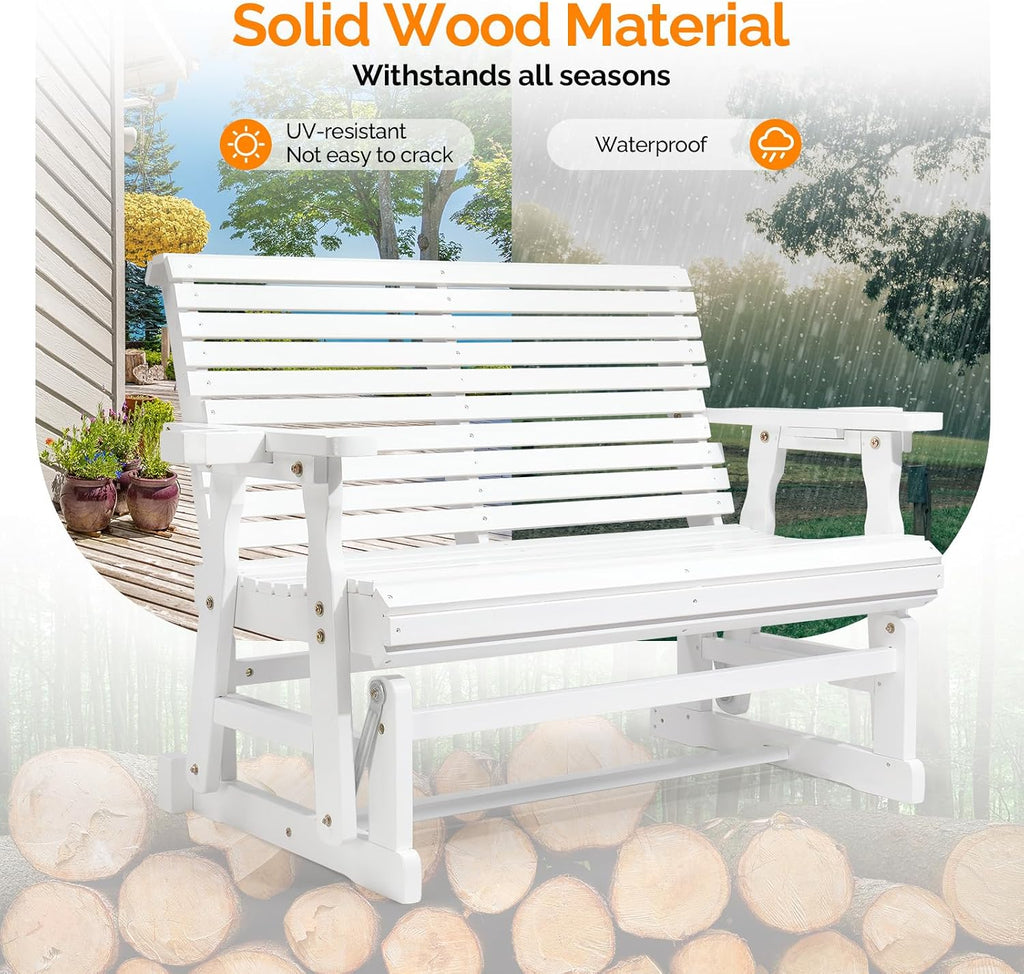 VINGLI Outdoor Glider Wood Patio Chair with Cup Holders, Outdoor Bench Glider Loveseat with Smooth Rocking Mechanism, Heavy Duty 800 LBS, White