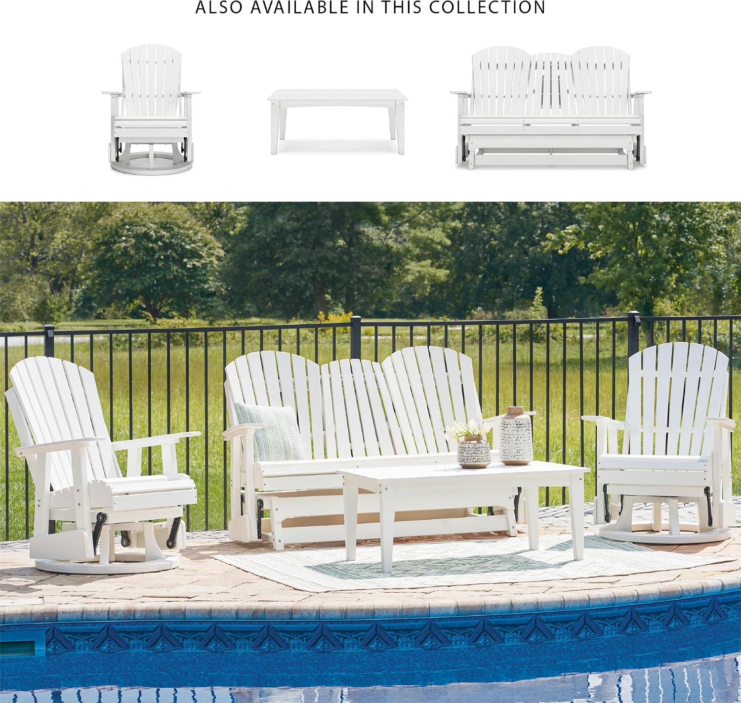 Signature Design by Ashley Hyland Wave Outdoor Casual Swivel Glider Adirondack Chair with 360-Degree Swivel, Weather Resistant HDPE, 18' Seat Height, White