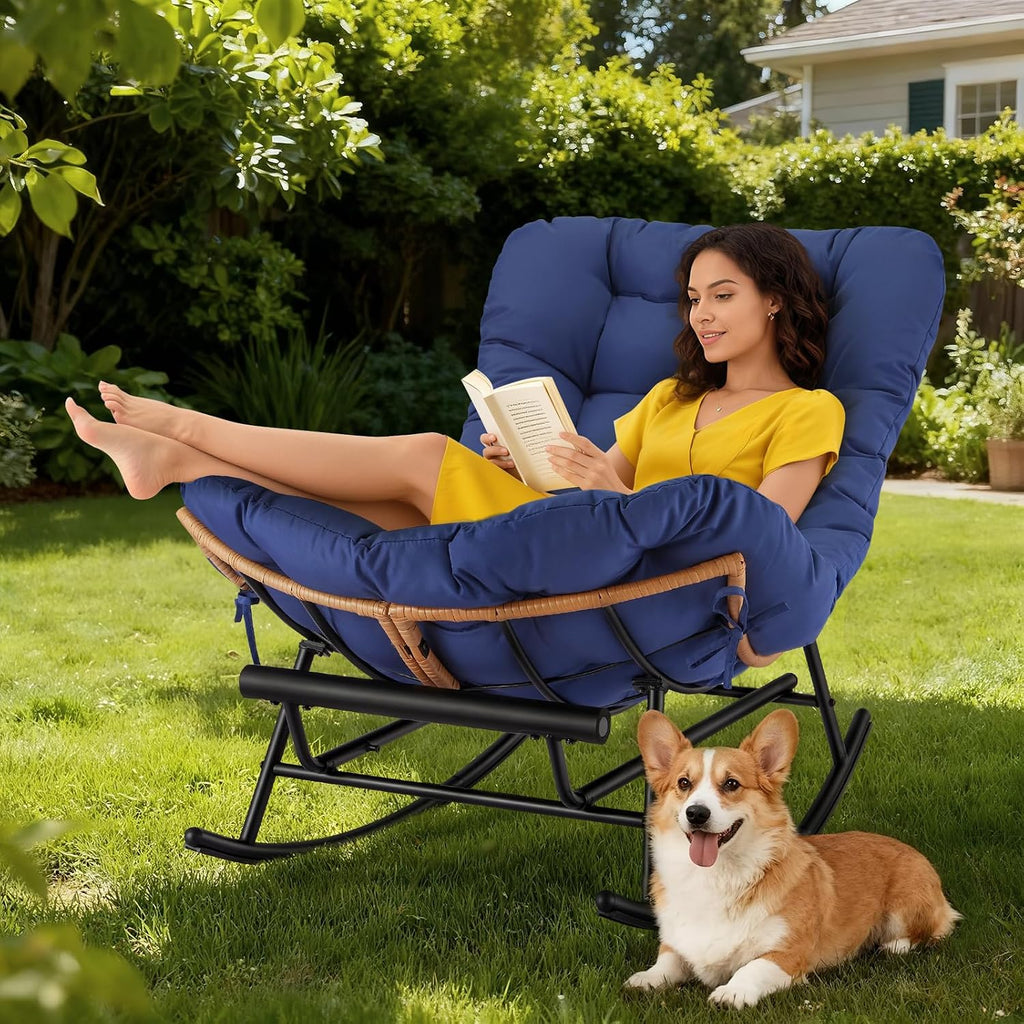 Takywep Rattan Rocking Chair with Detachable Polyester Cushion and Extendable Footrest – Papasan Chair with Cozy Seating for Porch, Lawn, Bedroom & Living Room, Royal Blue