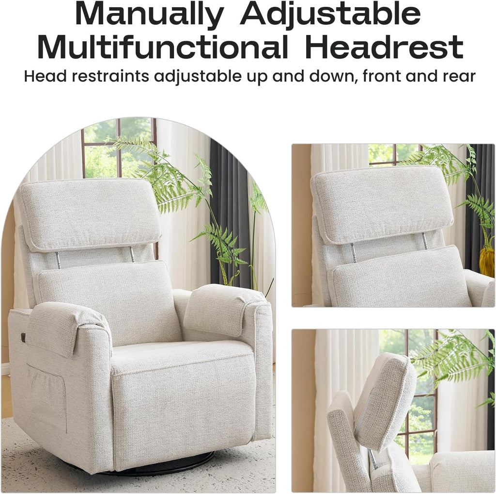 Oversized Power Recliner Chair Swivel Glider with Adjustable Headrest, 26' Extra Wide Glider Nursery Chair with Overstuffed Armrest, USB Ports, Chenille Fabric, White