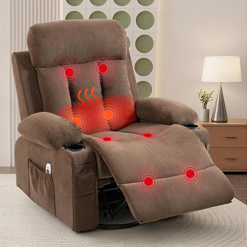 Swivel Recliner Chair for Adults w/Vibration Massage and Heating, 360° Rocker Glider Recliner w/Cup Holder and USB Charge Port for Living Room, Bedroom, Brown