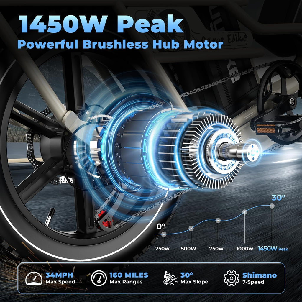 Dual Battery Electric Bike for Adults, Cargo Ebike with 48V 60AH Removable Battery Up to 160 Miles, 1450W Peak Motor Electric Bicycle, 20' x 4' Fat Tire 7 Speed Hydraulic Disc Brakes E Bike