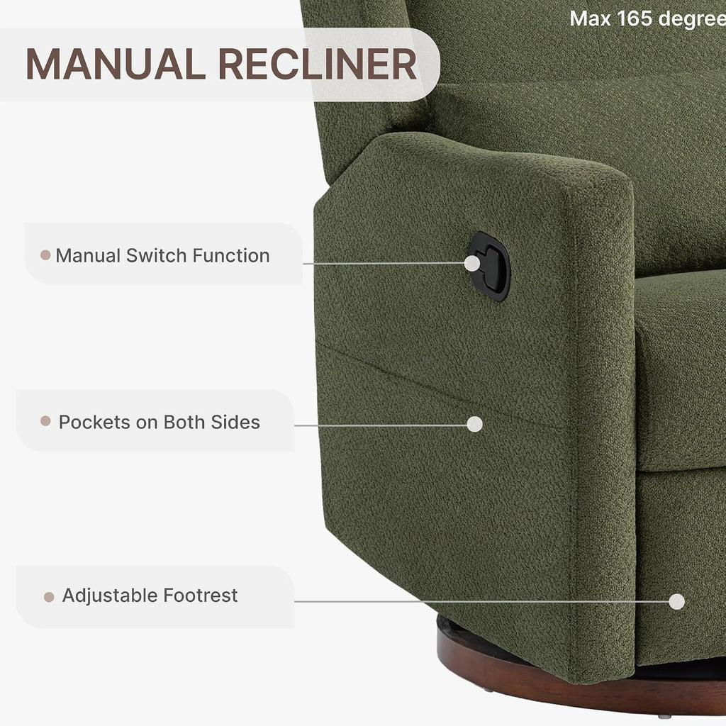 KISLOT Swivel Rocker Recliner Chair, Nursery Glider Recliner with Wood Base Manual Rocking Comfy Upholstered Fabric Reclining Single Sofa for Nursery Bedroom Living Room