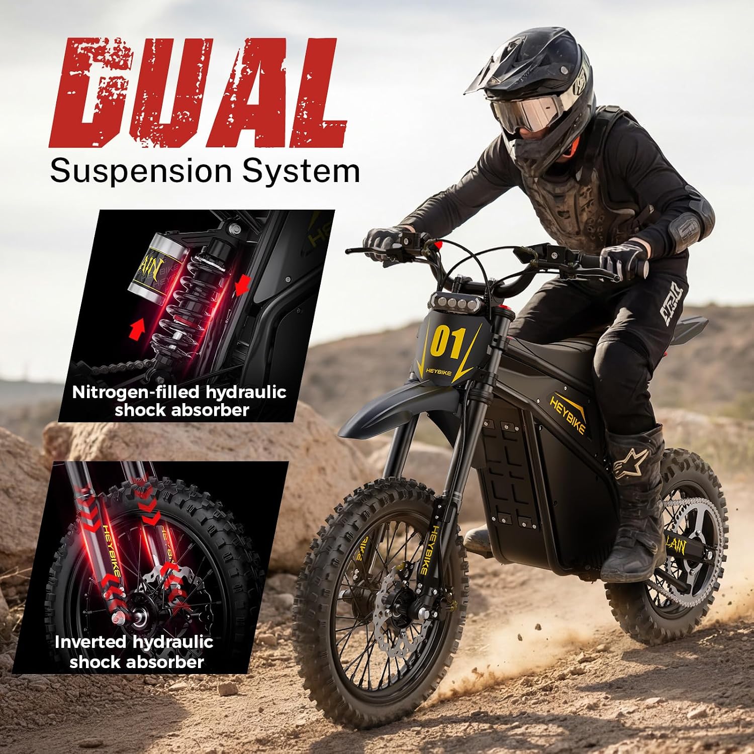 Heybike Villain Electric Dirt Bike, 4160W E Dirt Bike with 52V 26AH Battery, 14'/12' Fat Tire Electric Motorcycle for Teens, Max 45MPH Ebike with Reversing Function（Standard; Inky Black）