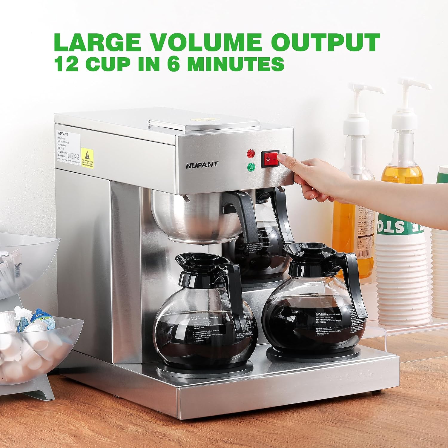 NUPANT 12 Cup Commercial Coffee Maker,Drip Coffee Maker Machine with 3 Warmers Plate and 3 Glass Decanters, Stainless Steel Pour Over Commercial Coffee Brewer for Restaurant, Office, Cafe Use