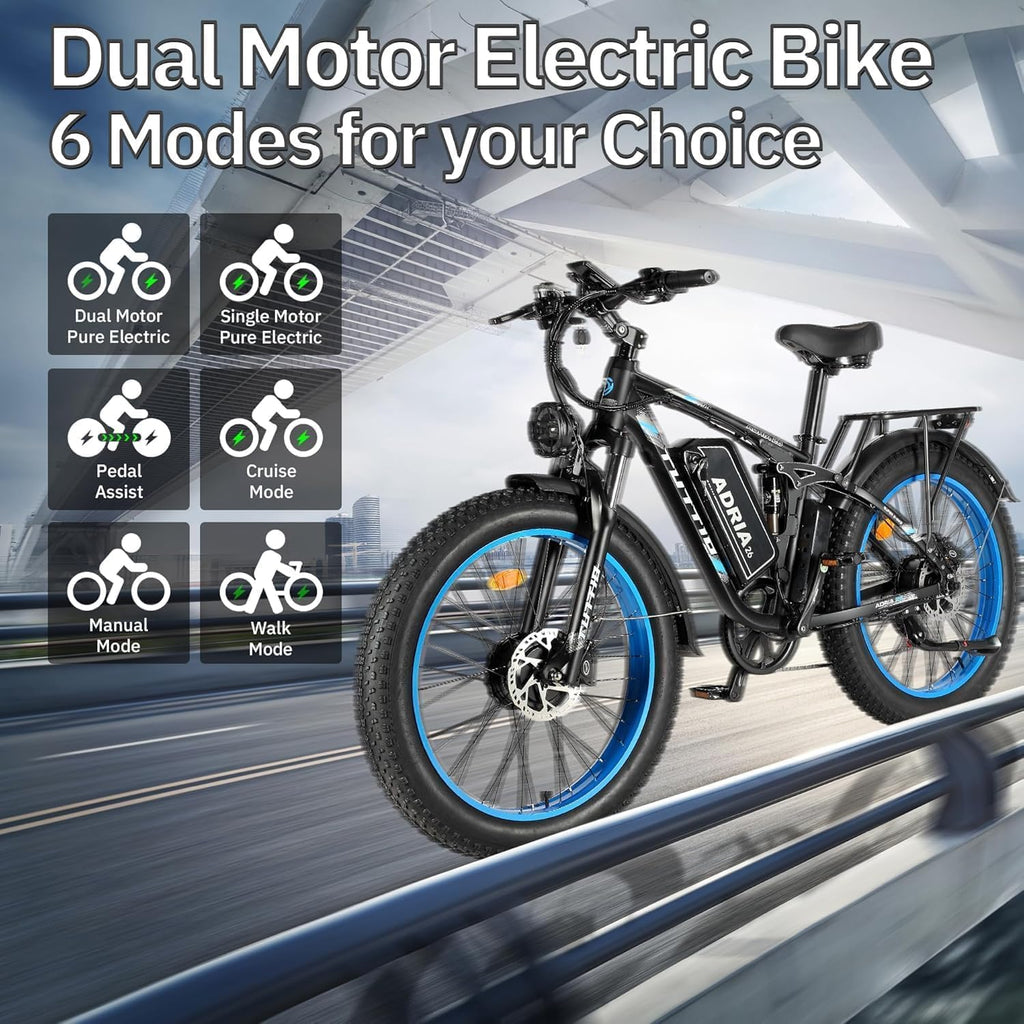 Tuttio-Adria26 6000W/5000W Peak Dual-Motor Ebike for Adults - 52V Fast Ebike, Long-Range Electric Bicycle, Full Suspension, 26 Inch Fat Tire Bike for Off-Road, Mountain, Snow, Hunting, Commuting