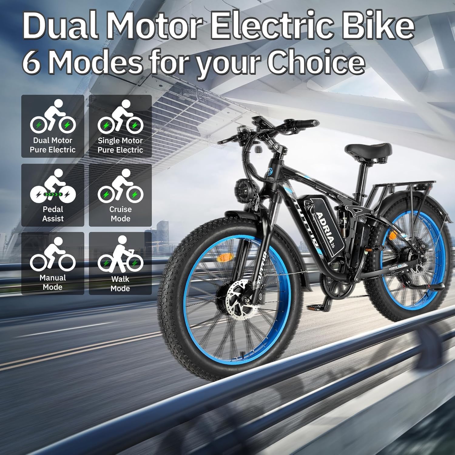 Tuttio-Adria26 6000W/5000W Peak Dual-Motor Ebike for Adults - 52V Fast Ebike, Long-Range Electric Bicycle, Full Suspension, 26 Inch Fat Tire Bike for Off-Road, Mountain, Snow, Hunting, Commuting