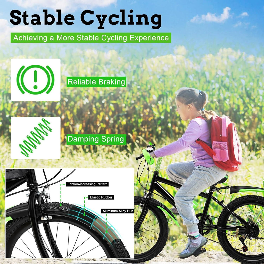 20 Inch Kids Mountain Bike - 7-Speed Children's Bike w/Dual Disc Brakes - Heavy Duty Steel Frame for Boys & Girls Age 8-12 - Trail/City Riding (Green)
