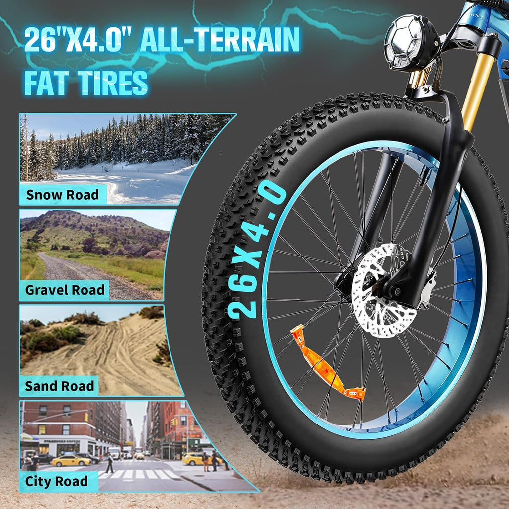 Electric Bike for Adults, 1800W Motor 52V 30Ah Samsung Battery Electric Mountain Bicycles, 26' Fat Tire Full Suspension Beach Snow Off Road E Bike, 35MPH & 120 Miles Long Range Ebike