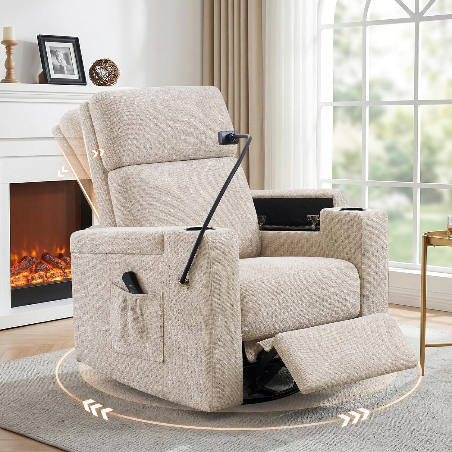 ABCASA Power Recliner Rocking Chair Nursery Glider, Swivel Reclining Nursery Rockers for Baby Room & Living Room, Chenille Chair with Phone Holder, USB/Type-C Ports, Arm Storage, Light Brown