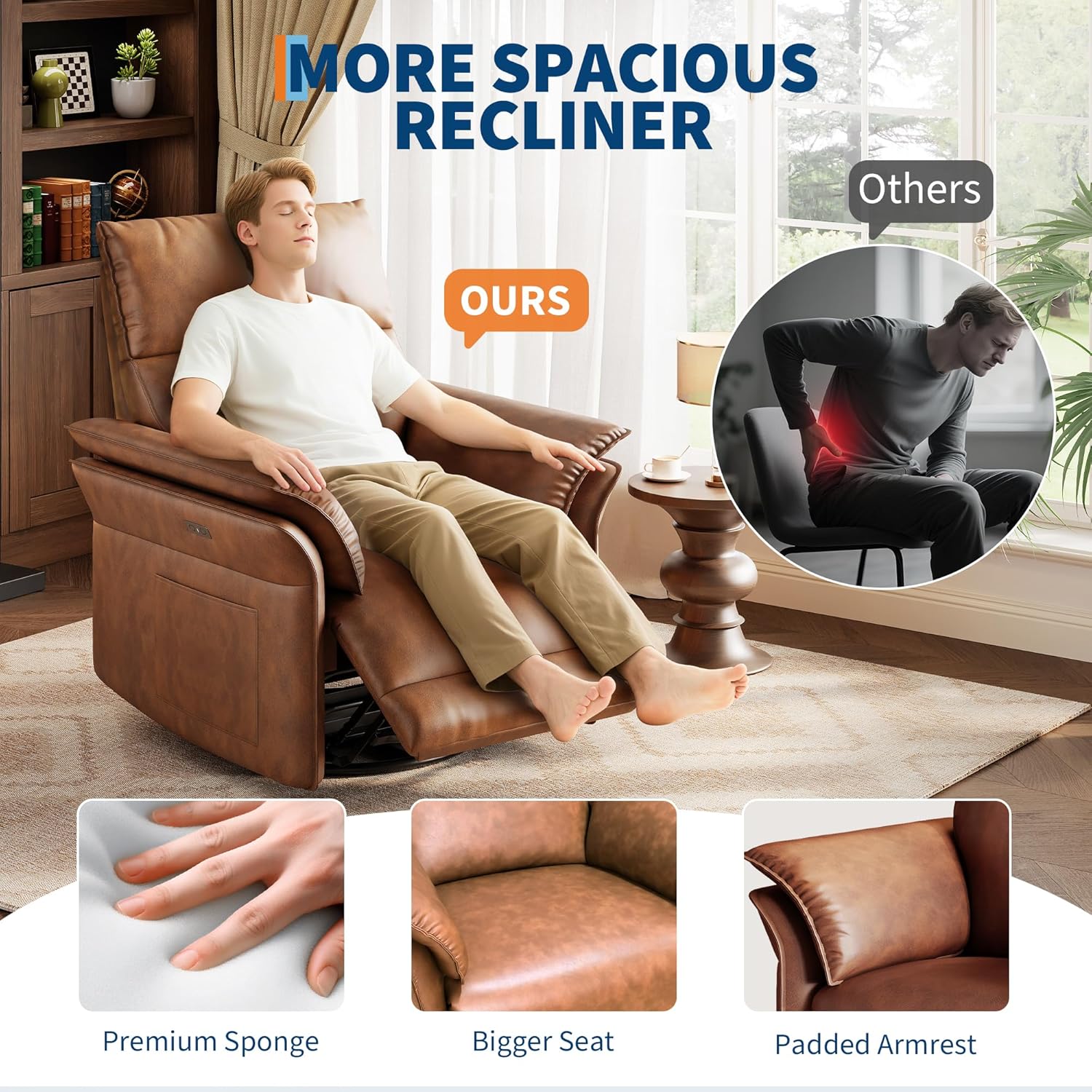 IDEALHOUSE Power Recliner Chair, 270 °Swivel Rocking Glider with USB Charging Port, PU Leather Upholstered Fabric and Double-Layer Armrests, Nursery Chair for Living Room, Nursery (Walnut)