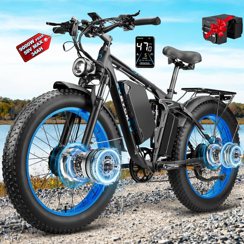 9000W Peak Adults Ebike,52V 34Ah Dual Motor Electric Bike,Up to105 Miles Range 47MPH Top Speed Fast Ebike,Full Suspension 24Inches Fat Tires Mountain E Bicycle for Sand Beach Snow Off-Road Hunting