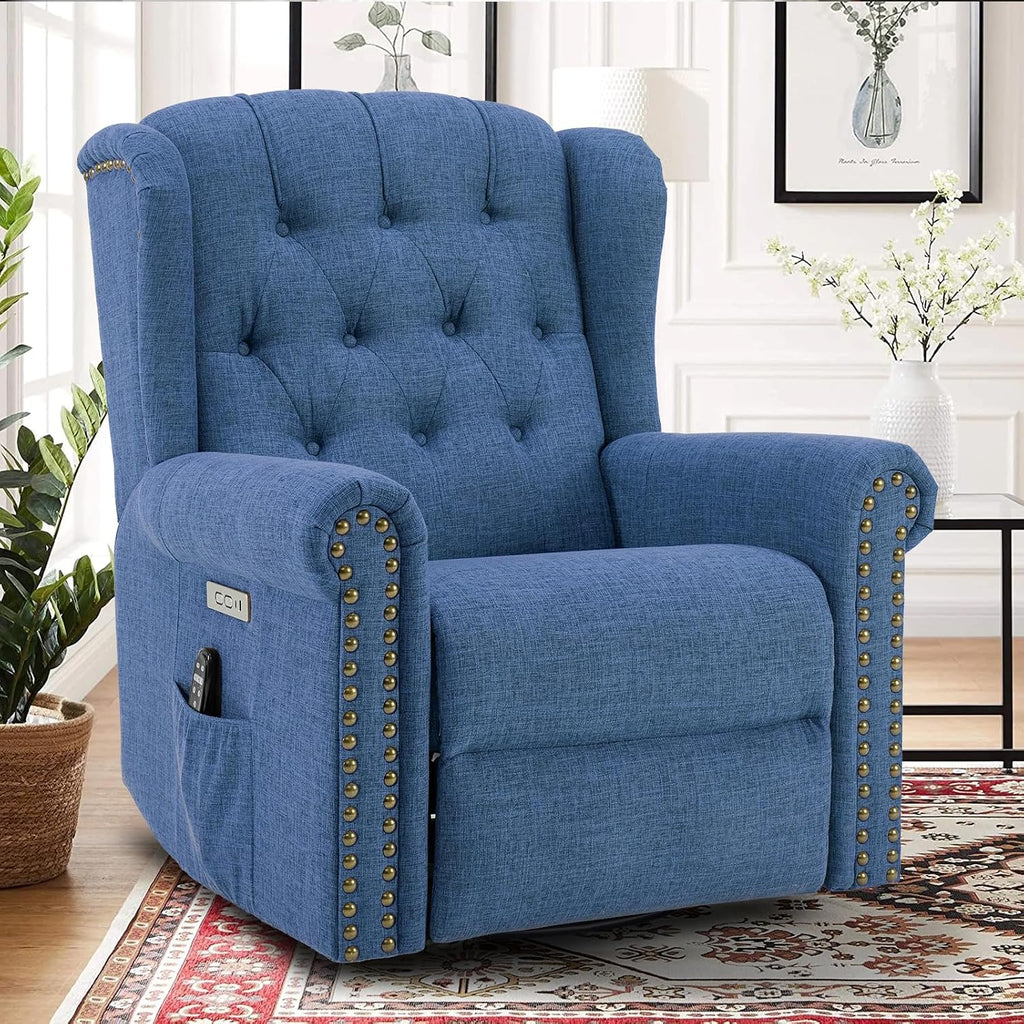 Power Swivel Rocking Glider Recliner Chair with Massage and Heat, Electric Nursery Glider Rocker for Living Room, Wingback Tufted Upholstered Recliner Chair with Type-C & USB Ports, Blue