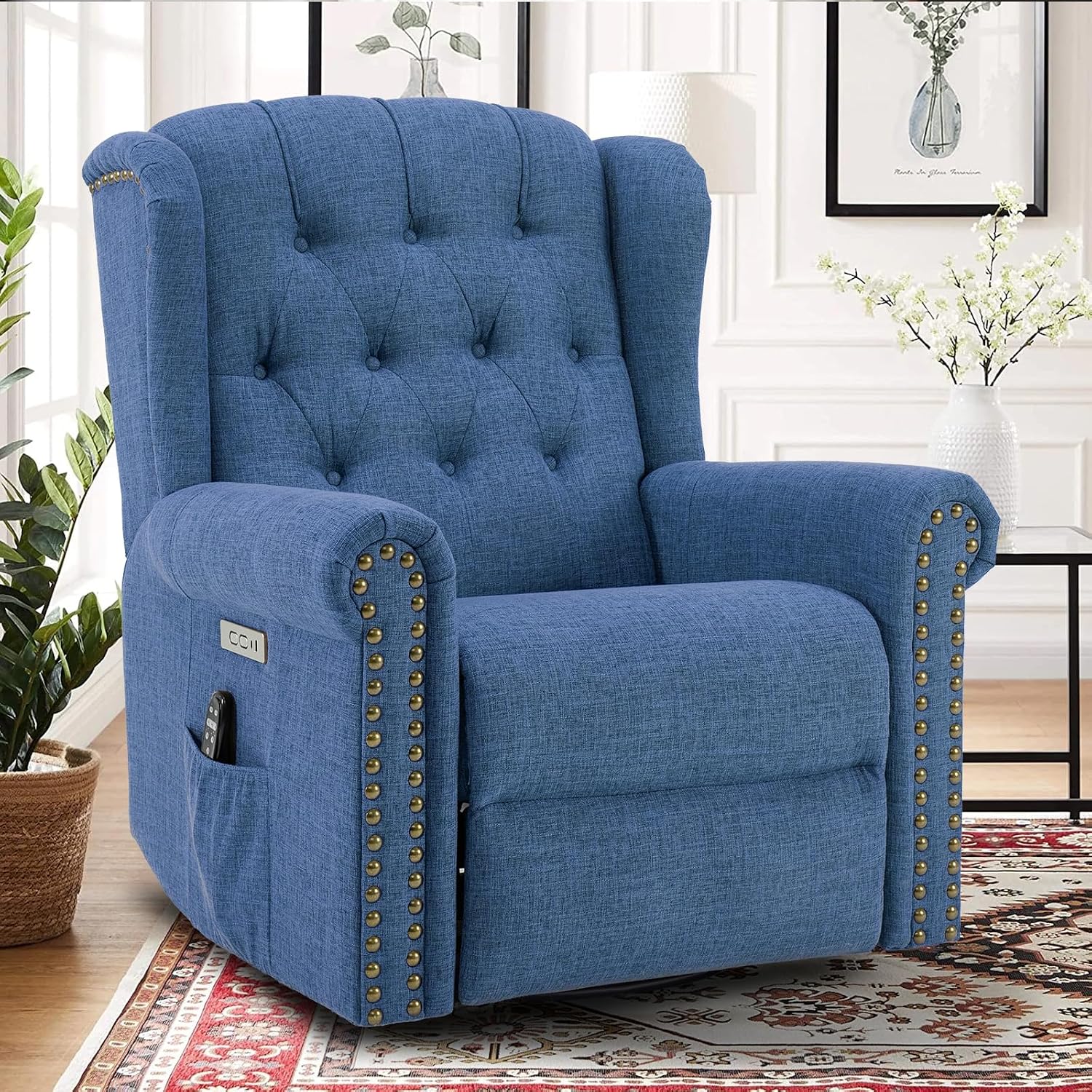 Power Swivel Rocking Glider Recliner Chair with Massage and Heat, Electric Nursery Glider Rocker for Living Room, Wingback Tufted Upholstered Recliner Chair with Type-C & USB Ports, Blue