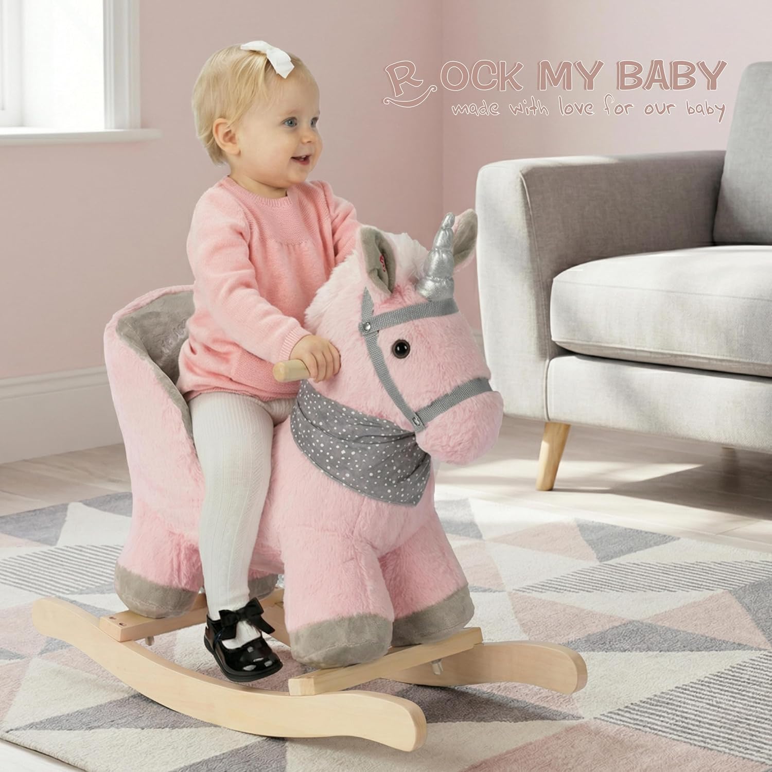 Baby Animal Rocker, Rocking Horse with Seat, Ride on Horse, Plush Rocking Horse with Unicorn Music, Wooden Rocking Horse for Toddlers 1-3, (Pink Unicorn), CPC Certified