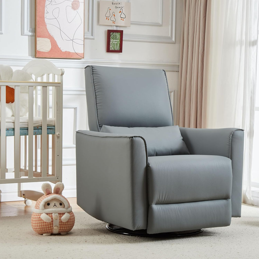 GAOMON Swivel Rocking Recliner Chair, Manual Leather Recliner Glider with Lumbar Support & Padded Armrest, Comfortable Rocker Nursery Single Sofa for Living Room and Bedroom (Gray)