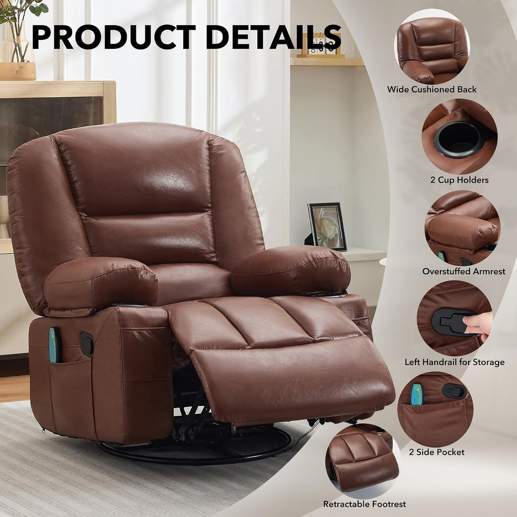 Rocker Recliner Chair with Heat and Massage,Nursery Recliner 360° Swivel Oversized Chairs for Adults,PU Leathe Lazy Boy Single Sofa Seat with 3 Positions, Side Pockets,Cup Holders for Living Room