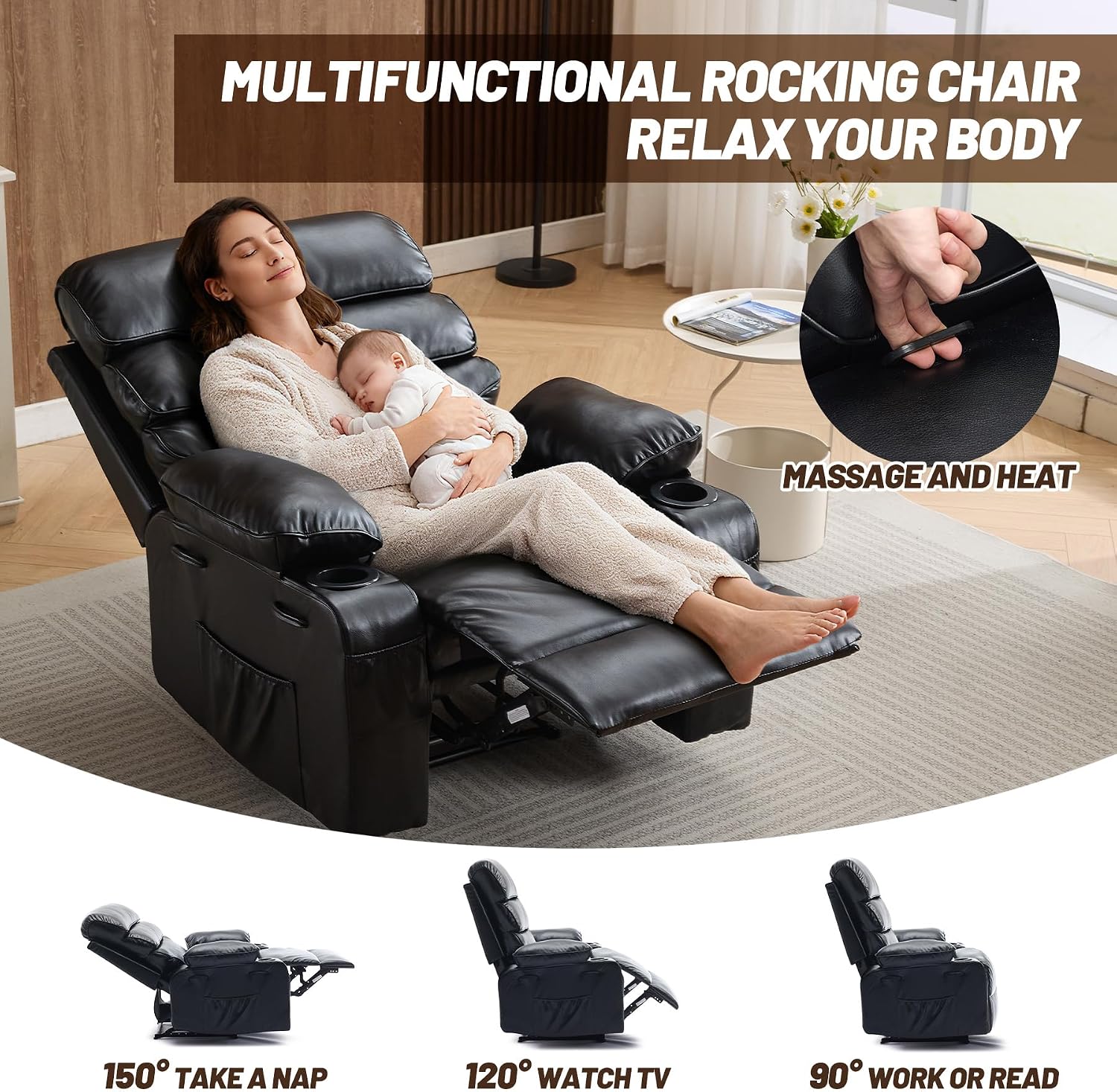 PU Leather Extra Wide Manual Recliner for Adults with Massage and Heat, Large Lazy Chair with 1.5X Sponge Comfort Arm and Back for Living Room, Bedroom