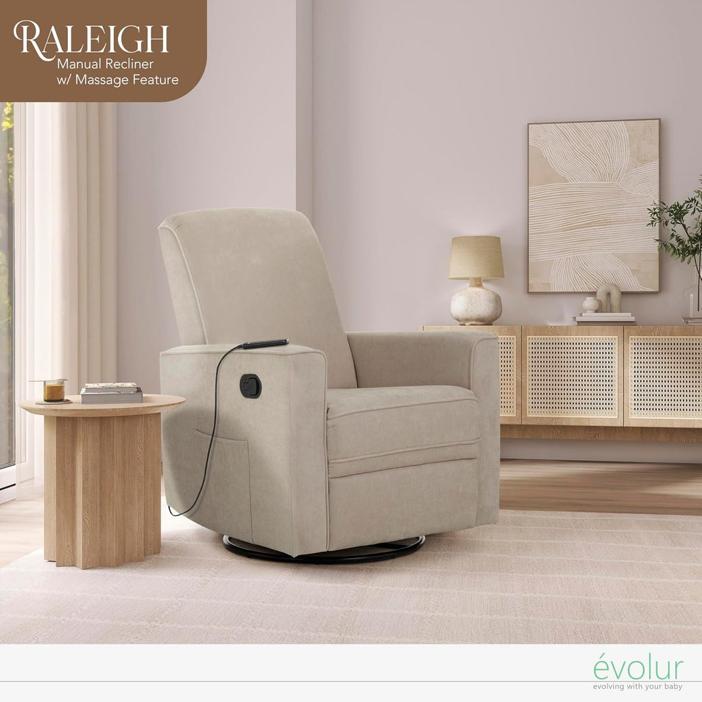 Evolur Raleigh Glider with Massager in Charcoal, Upholstered Plush Seating 360° Swivel Glider Rocking Chair, FSC Certified, Greenguard Gold & JPMA Certified Nursery Glider Recliner
