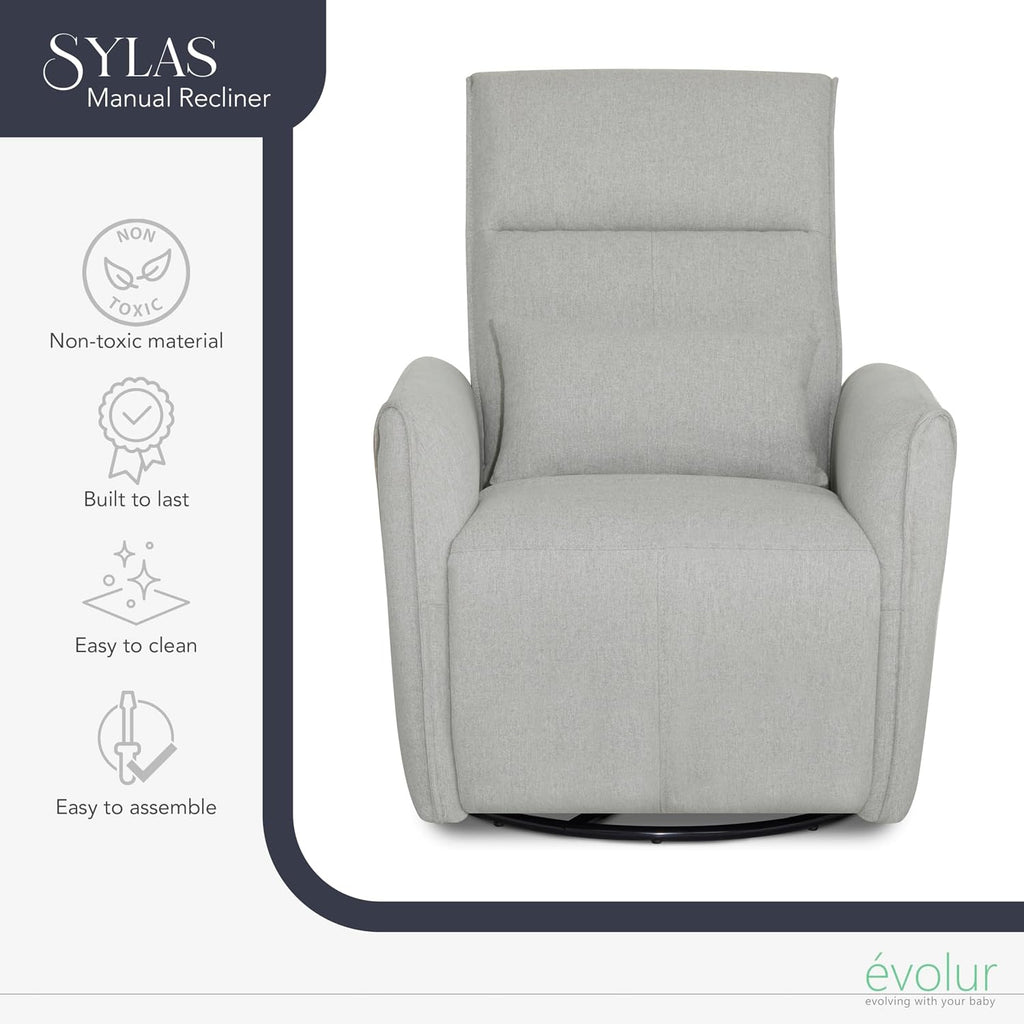 Evolur Sylas Nursery Glider Chair in Luxe Grey - Manual Recliner with 360° Swivel, Lumbar Support, Tufted Back & Side Pockets - Modern Rocking Chair for Baby Room, Nursery & Living Room