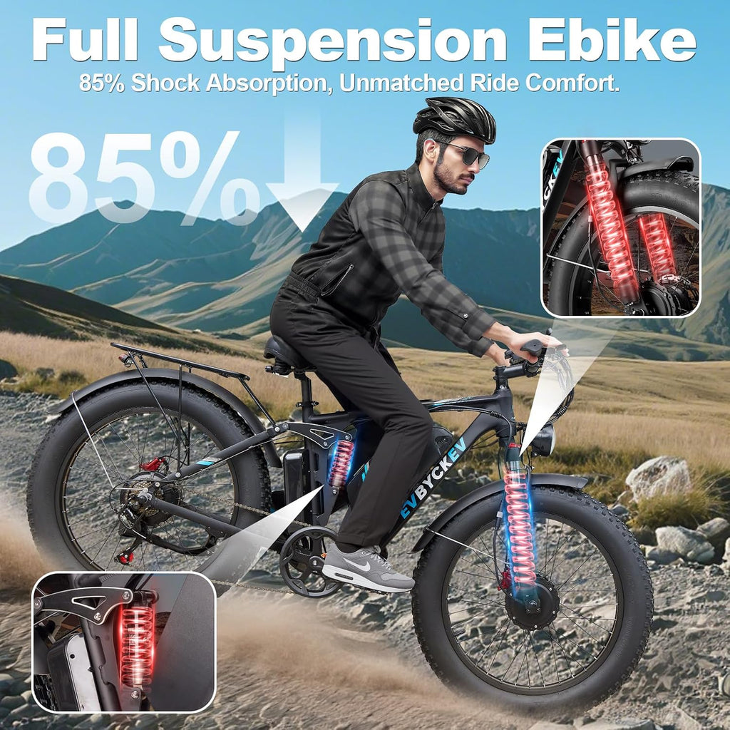 9000W Peak Adults Ebike,52V 34Ah Dual Motor Electric Bike,Up to105 Miles Range 47MPH Top Speed Fast Ebike,Full Suspension 24Inches Fat Tires Mountain E Bicycle for Sand Beach Snow Off-Road Hunting