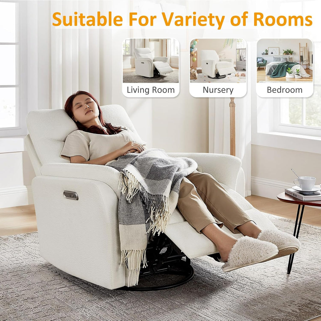 VANOMi Power Recliner Chair Swivel Glider, Electric Rocking Recliner Chairs with USB and Type-C Ports, Nursery Chair Recliner for Living Room, Bedroom, Apartment（White）