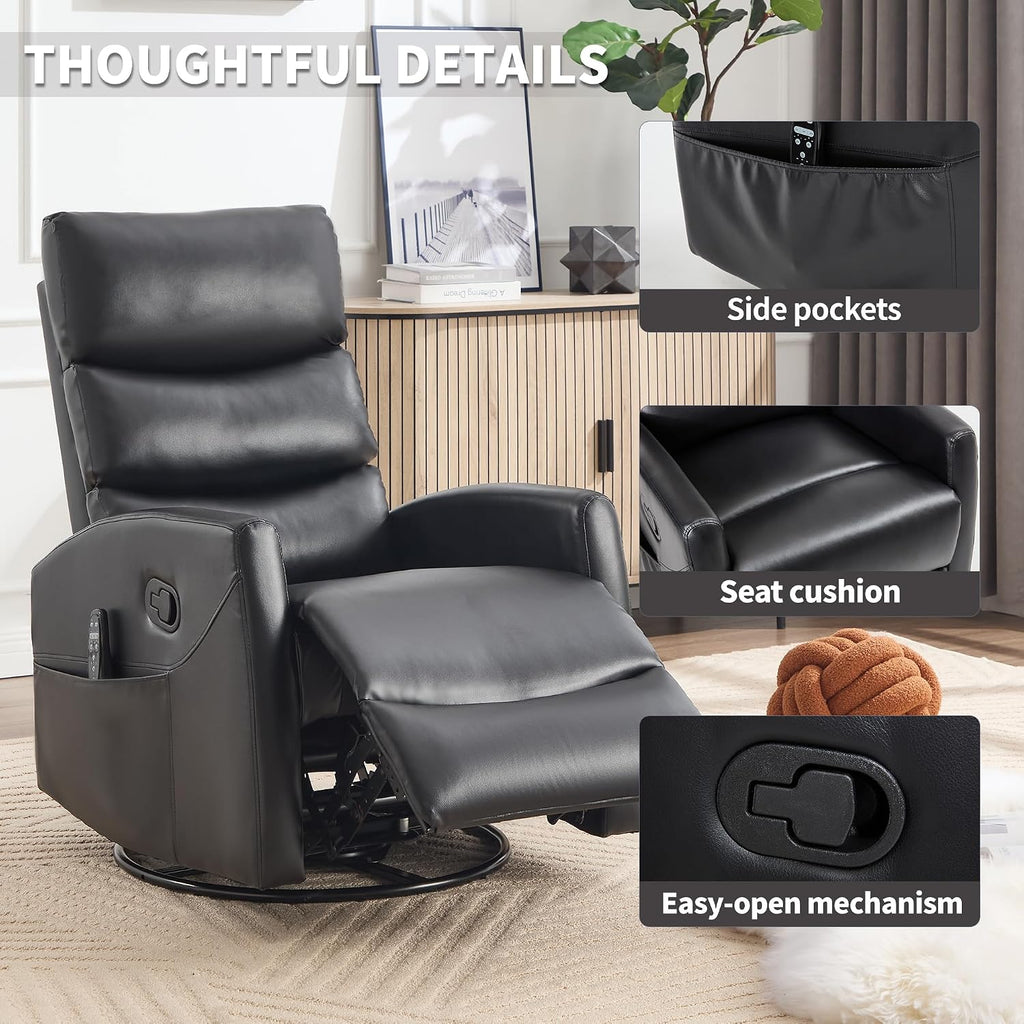 Manual Swivel Rocker Recliner Chair for Adults, Overstuffed Reclining Glider Chair for Nursing with Vibration Massage & Heat, Living Room Rocking Recliner 3-Stage backrest, Faux Leather Black