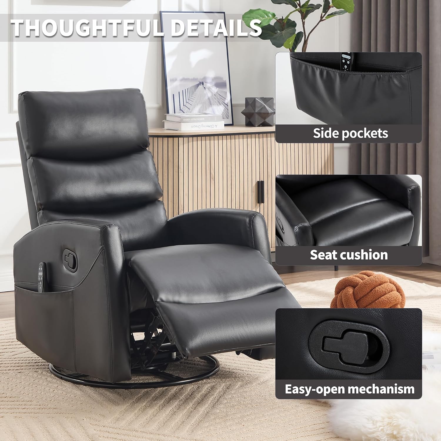 Manual Swivel Rocker Recliner Chair for Adults, Overstuffed Reclining Glider Chair for Nursing with Vibration Massage & Heat, Living Room Rocking Recliner 3-Stage backrest, Faux Leather Black