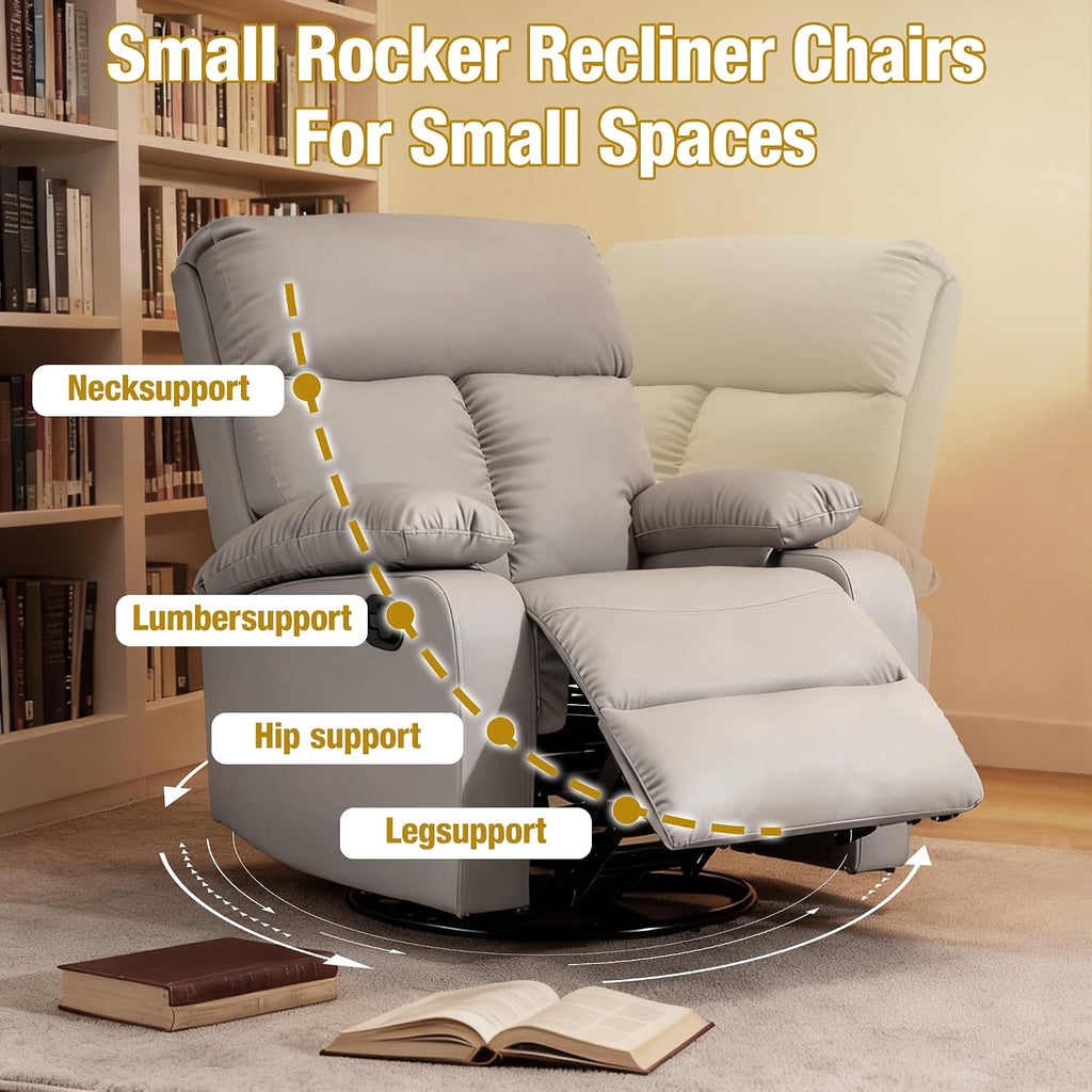 Rocking Recliner, 360° Swivel Recliner Chairs for Adults, Small Rocker Recliners for Small Spaces, Living Room, Bedroom, Nursery, RV, Light Grey